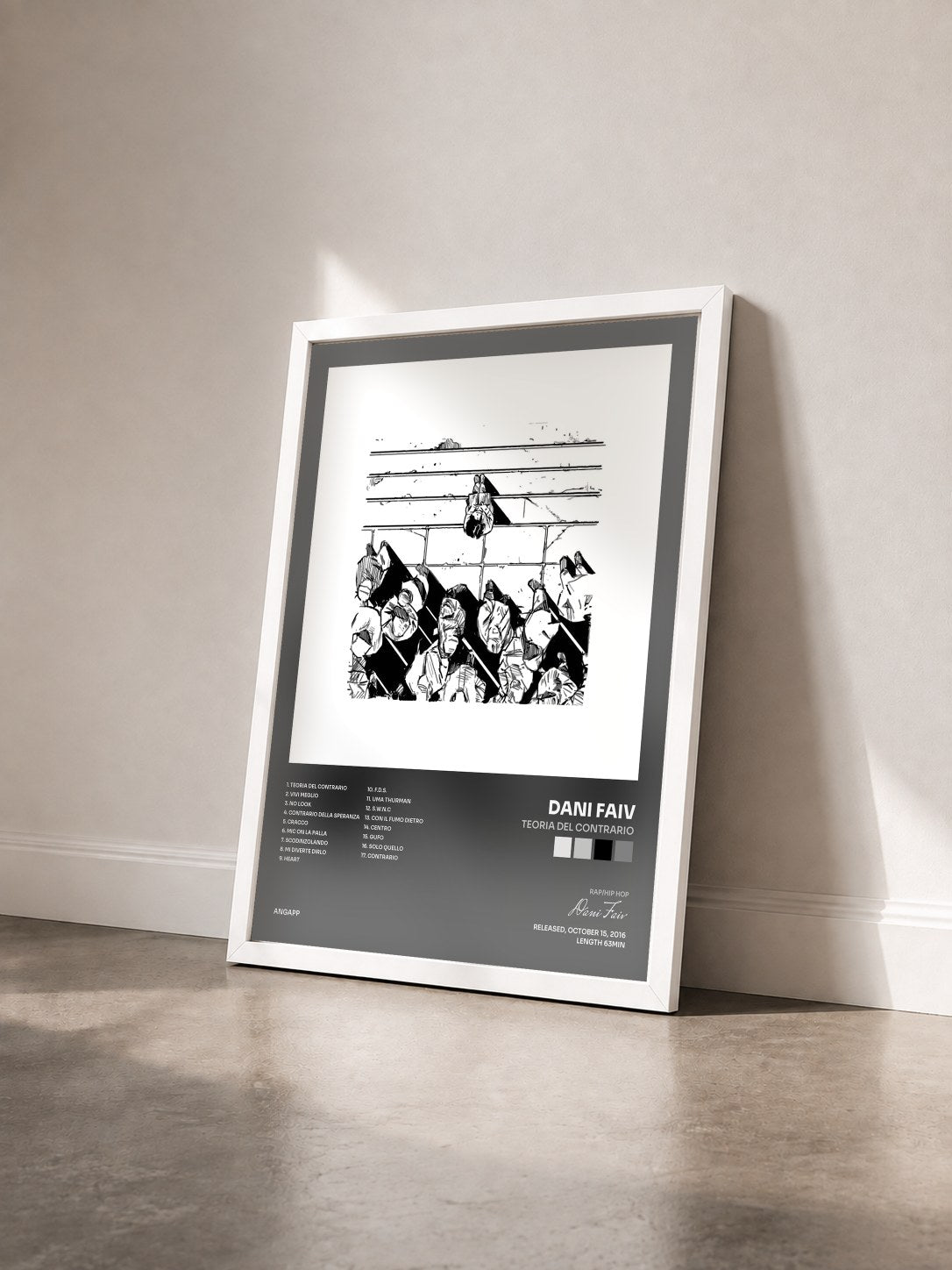 #blanc Tableau de l'album Teoria Del Contrario de Dani Faiv vu de trois quarts, cadre blanc