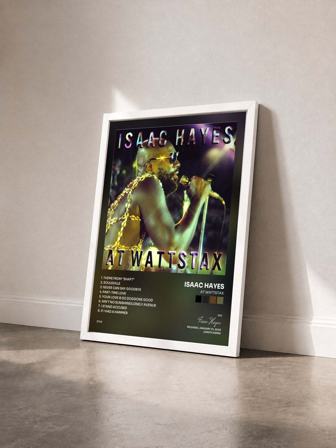#blanc Tableau de l'album At Wattstax de Isaac Hayes vu de trois quarts, cadre blanc