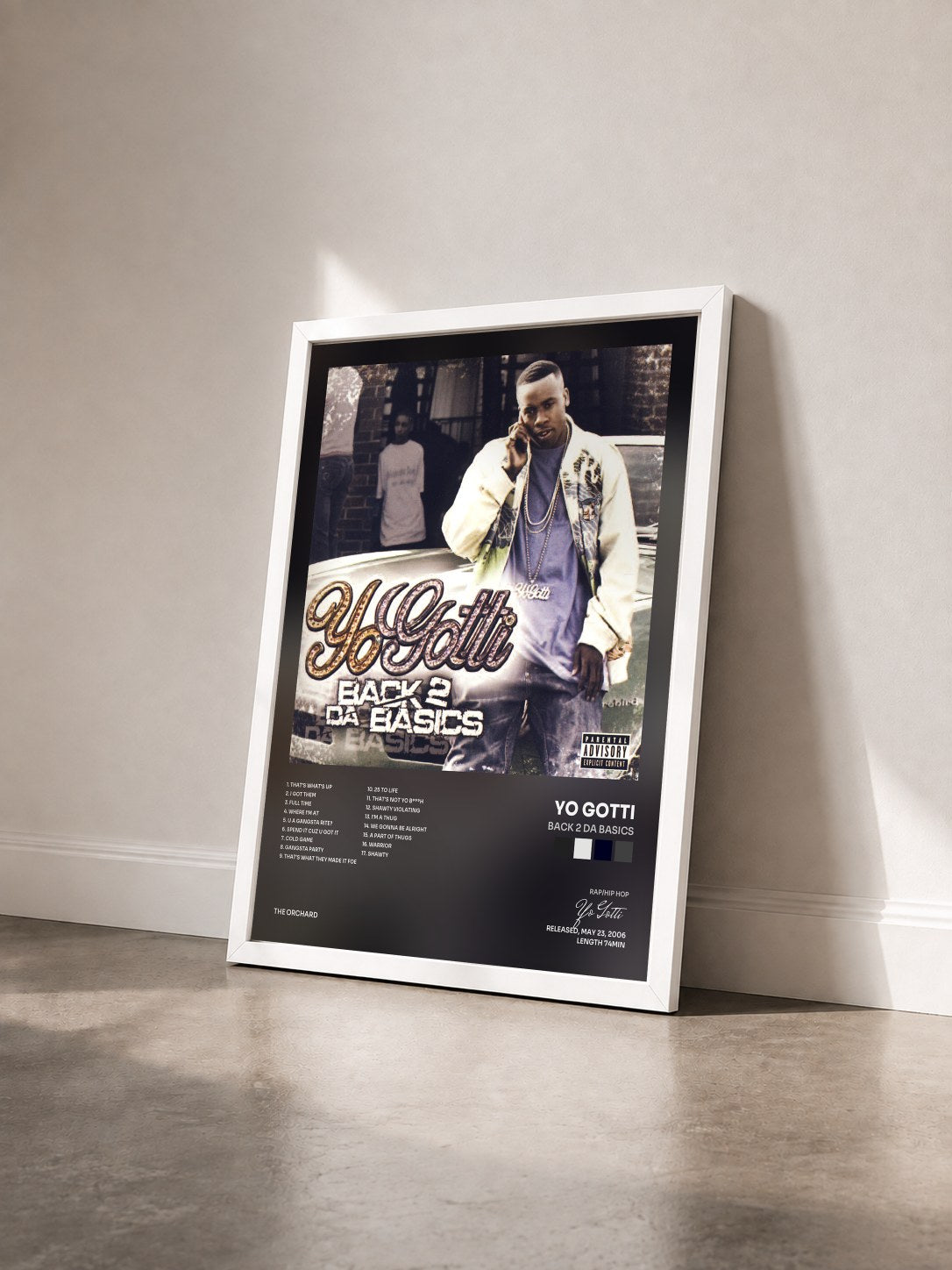 #blanc Tableau de l'album Back 2 Da Basics de Yo Gotti vu de trois quarts, cadre blanc