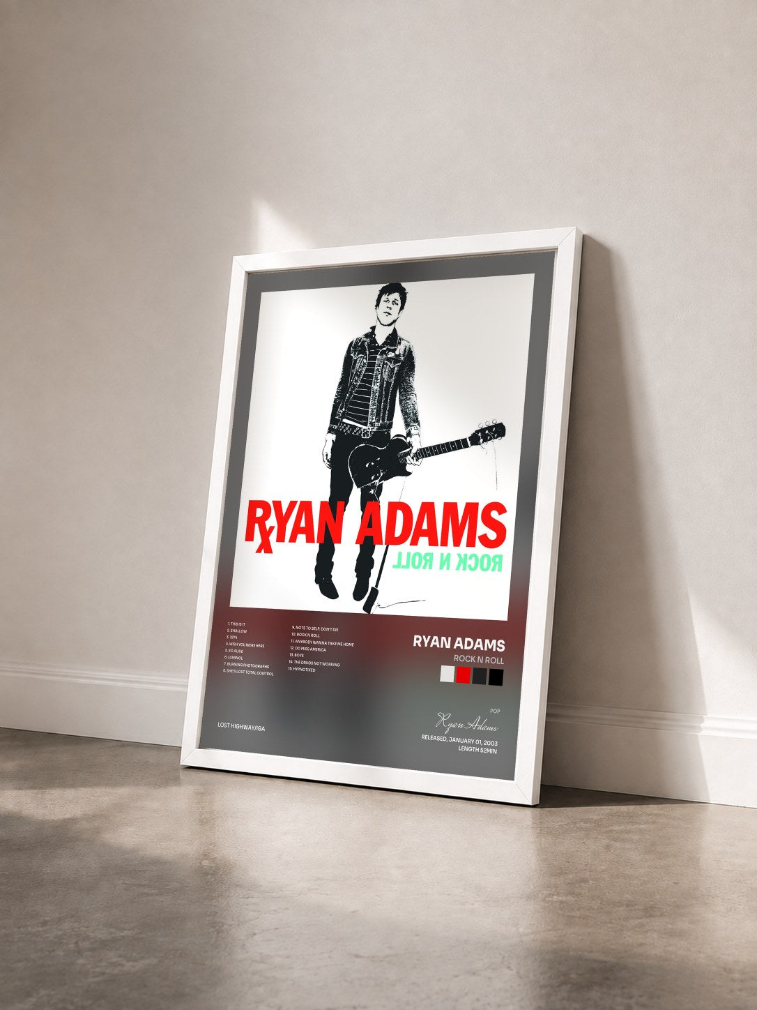 #blanc Tableau de l'album Rock N Roll de Ryan Adams vu de trois quarts, cadre blanc