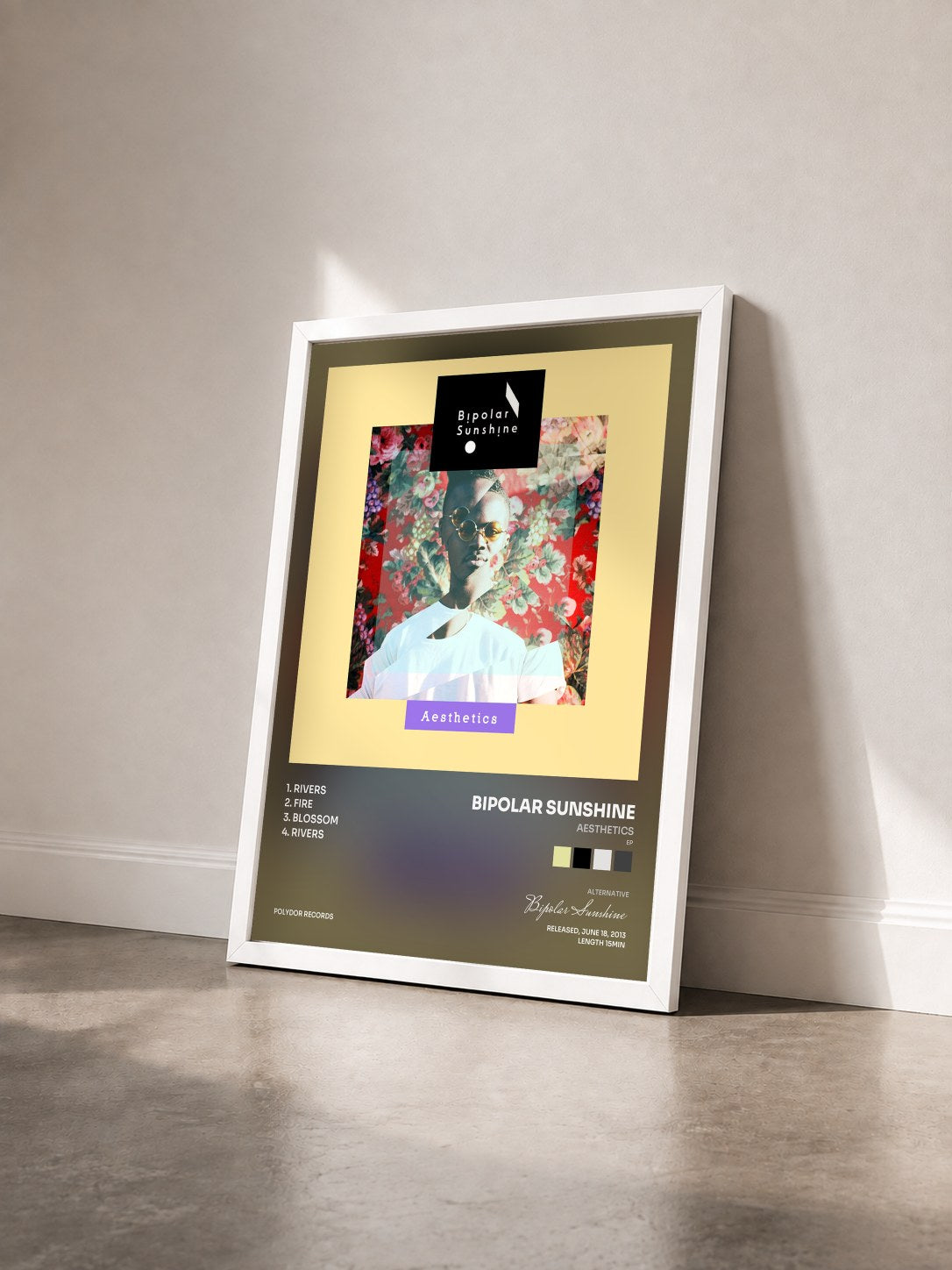 #blanc Tableau de l'album Aesthetics (EP) de Bipolar Sunshine vu de trois quarts, cadre blanc
