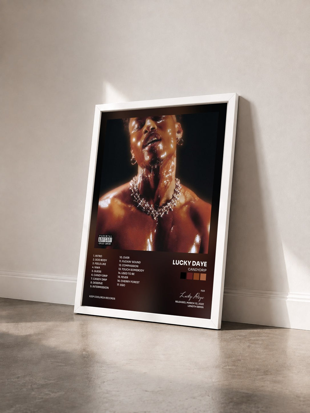 #blanc Tableau de l'album Candydrip de Lucky Daye vu de trois quarts, cadre blanc