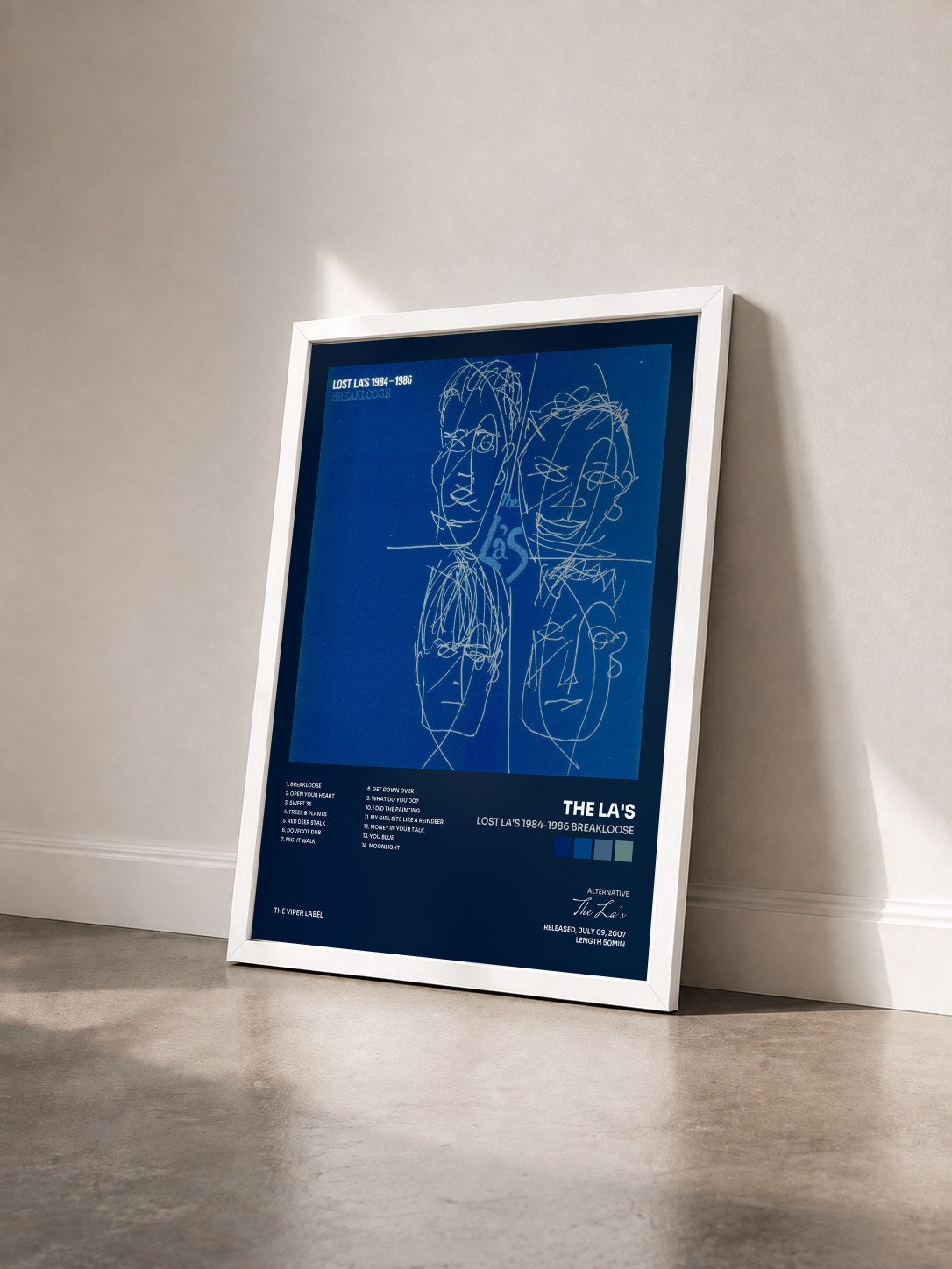 #blanc Tableau de l'album Lost La's 1984-1986 Breakloose de The La's vu de trois quarts, cadre blanc