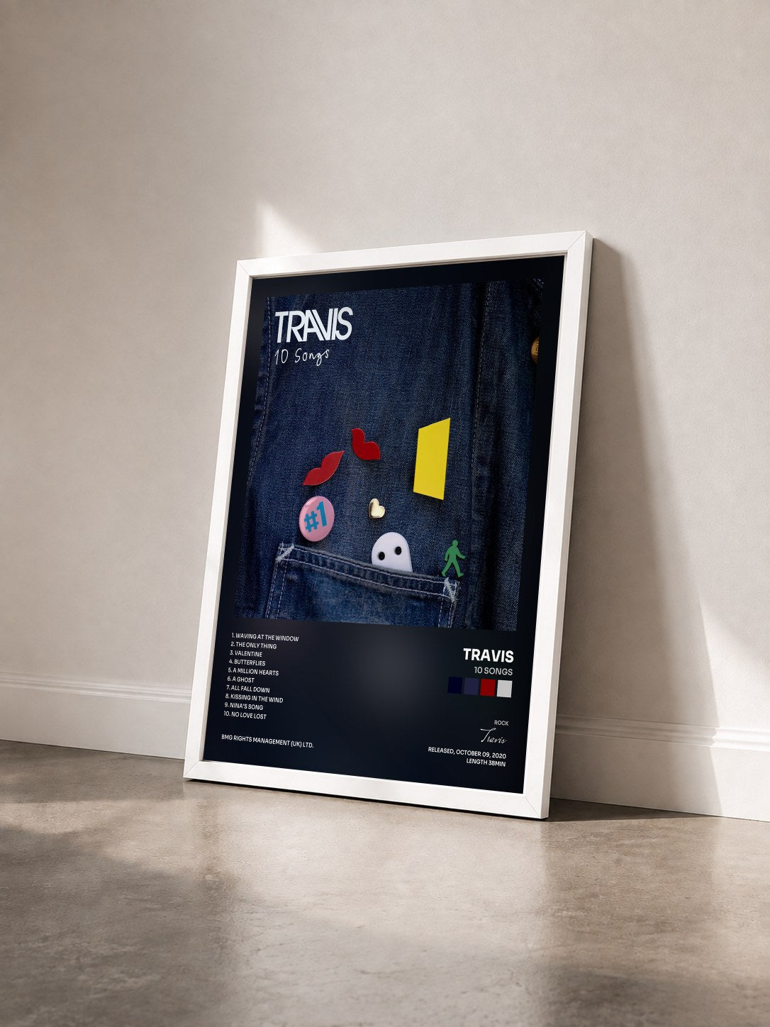 #blanc Tableau de l'album 10 Songs de Travis vu de trois quarts, cadre blanc