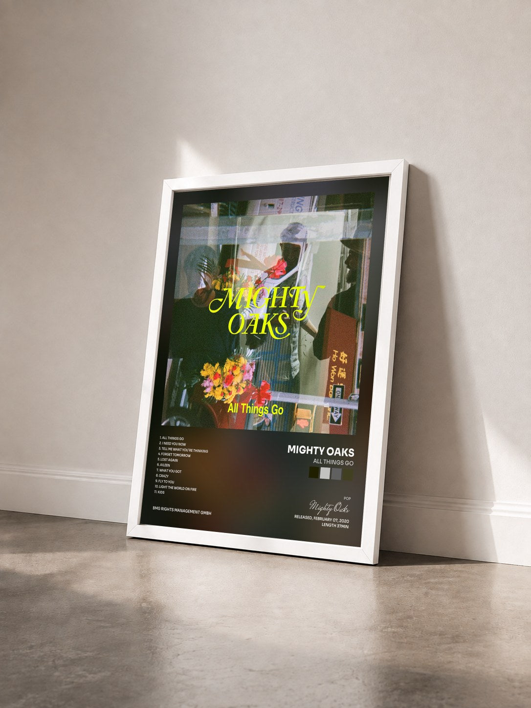 #blanc Tableau de l'album All Things Go de Mighty Oaks vu de trois quarts, cadre blanc
