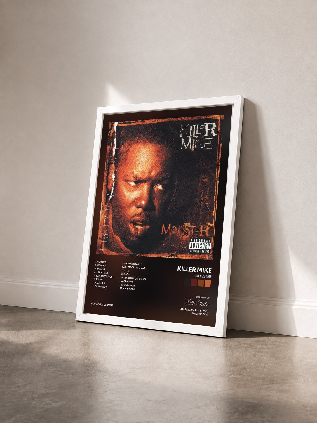 #blanc Tableau de l'album Monster de Killer Mike vu de trois quarts, cadre blanc