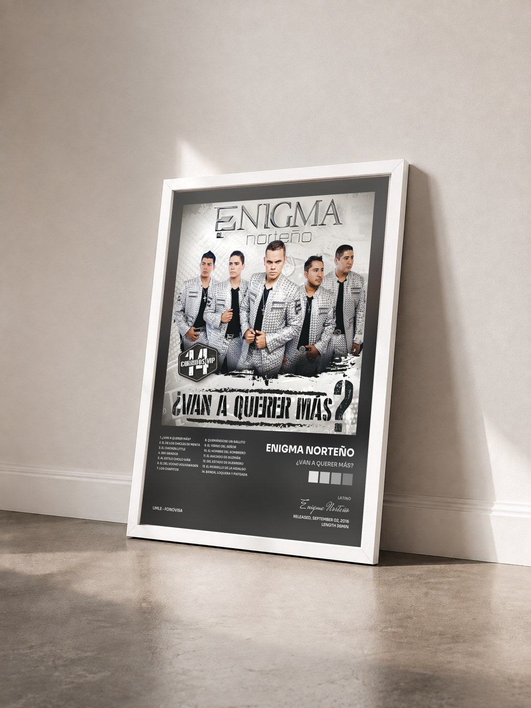 #blanc Tableau de l'album ¿Van A Querer Más? de Enigma Norteño vu de trois quarts, cadre blanc