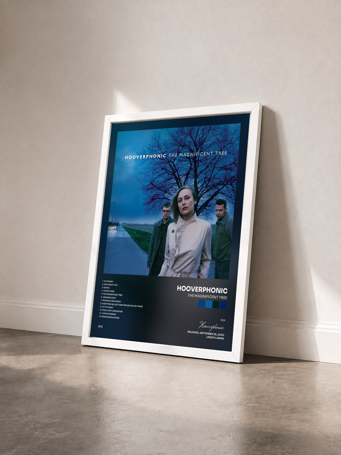 #blanc Tableau de l'album The Magnificent Tree de Hooverphonic vu de trois quarts, cadre blanc