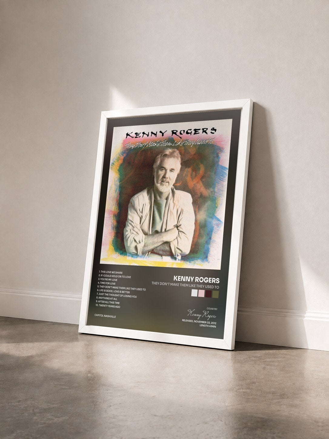 #blanc Tableau de l'album They Don't Make Them Like They Used To de Kenny Rogers vu de trois quarts, cadre blanc