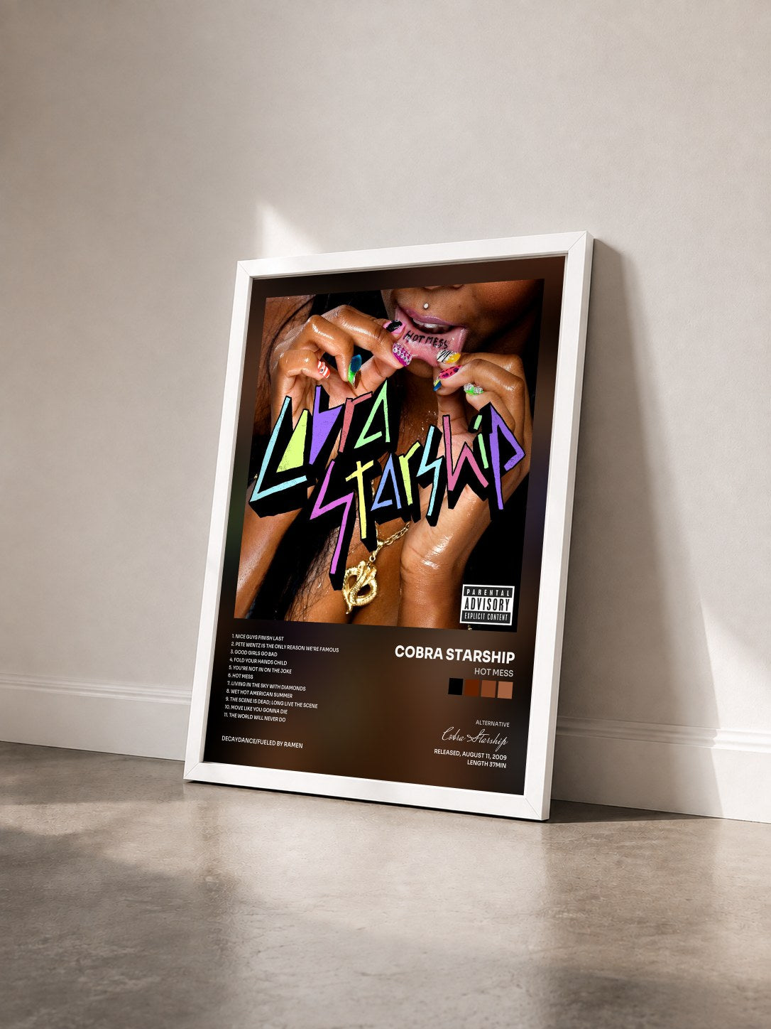 #blanc Tableau de l'album Hot Mess de Cobra Starship vu de trois quarts, cadre blanc