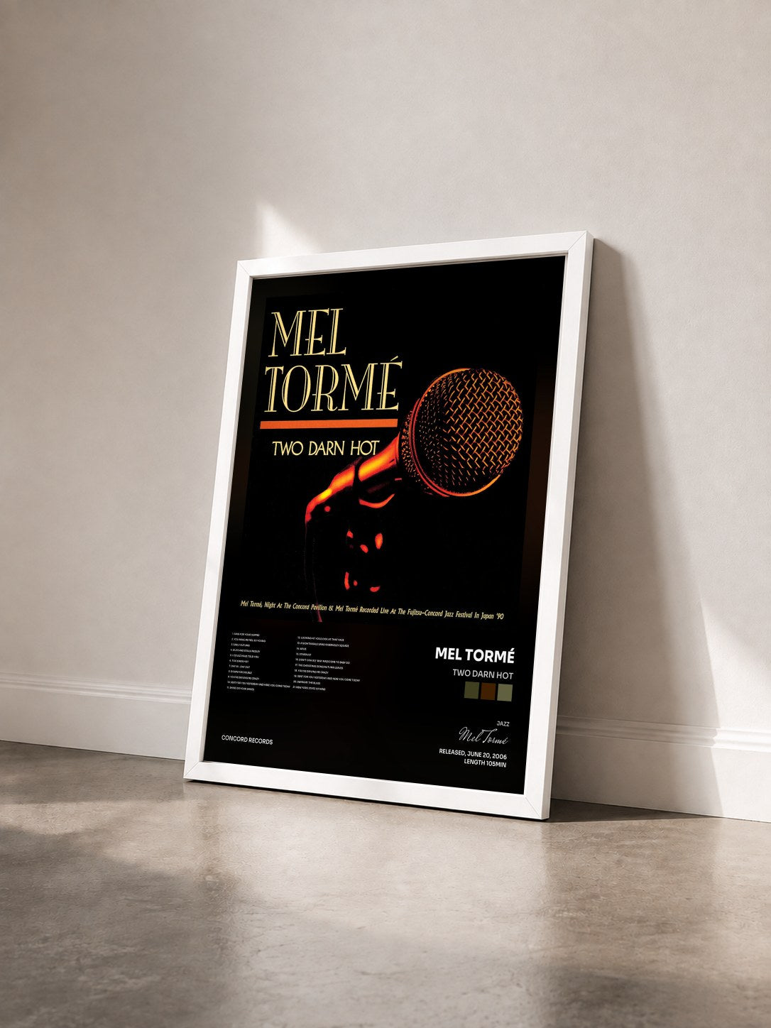 #blanc Tableau de l'album Two Darn Hot de Mel Tormé vu de trois quarts, cadre blanc