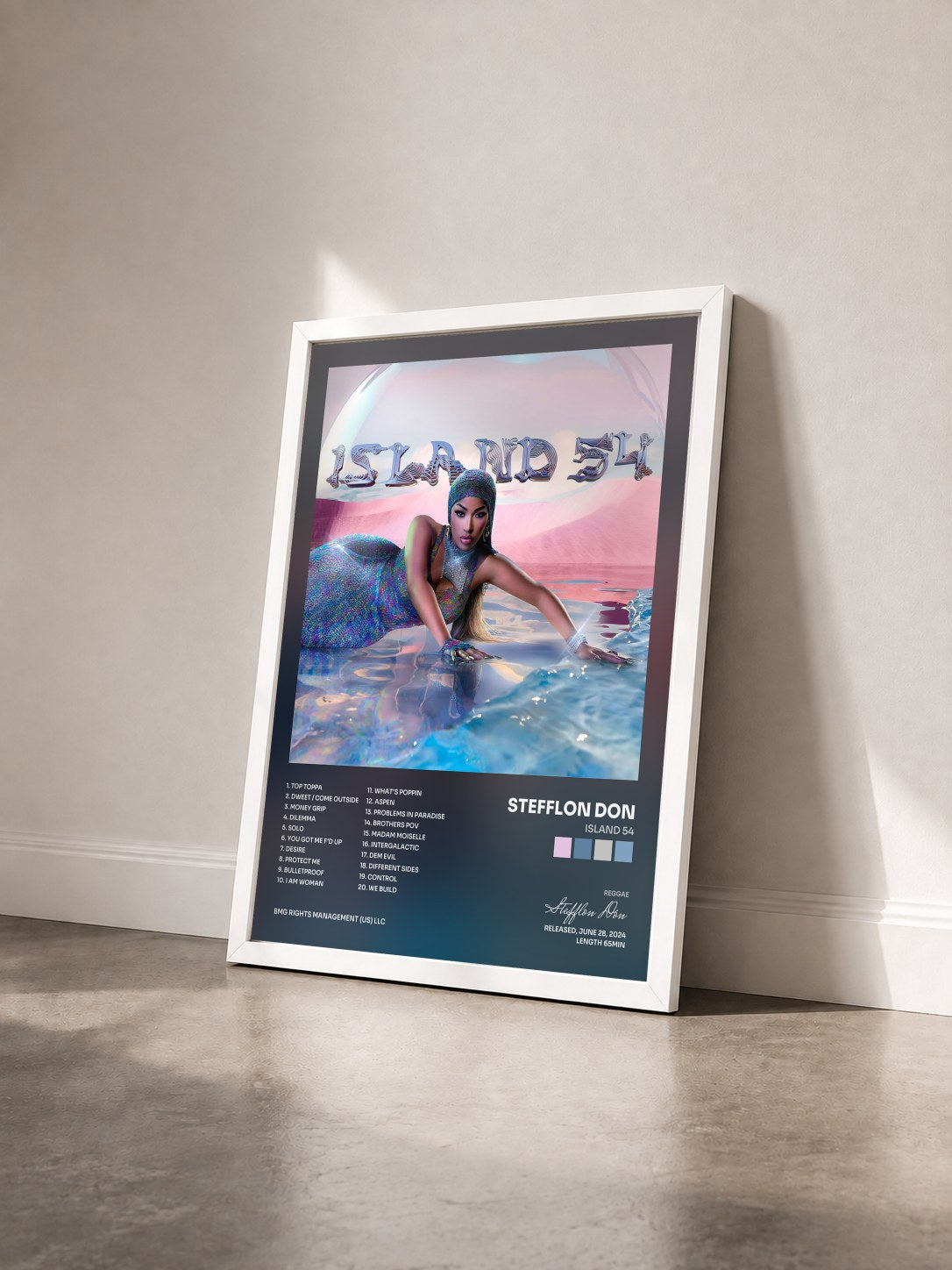 #blanc Tableau de l'album Island 54 de Stefflon Don vu de trois quarts, cadre blanc