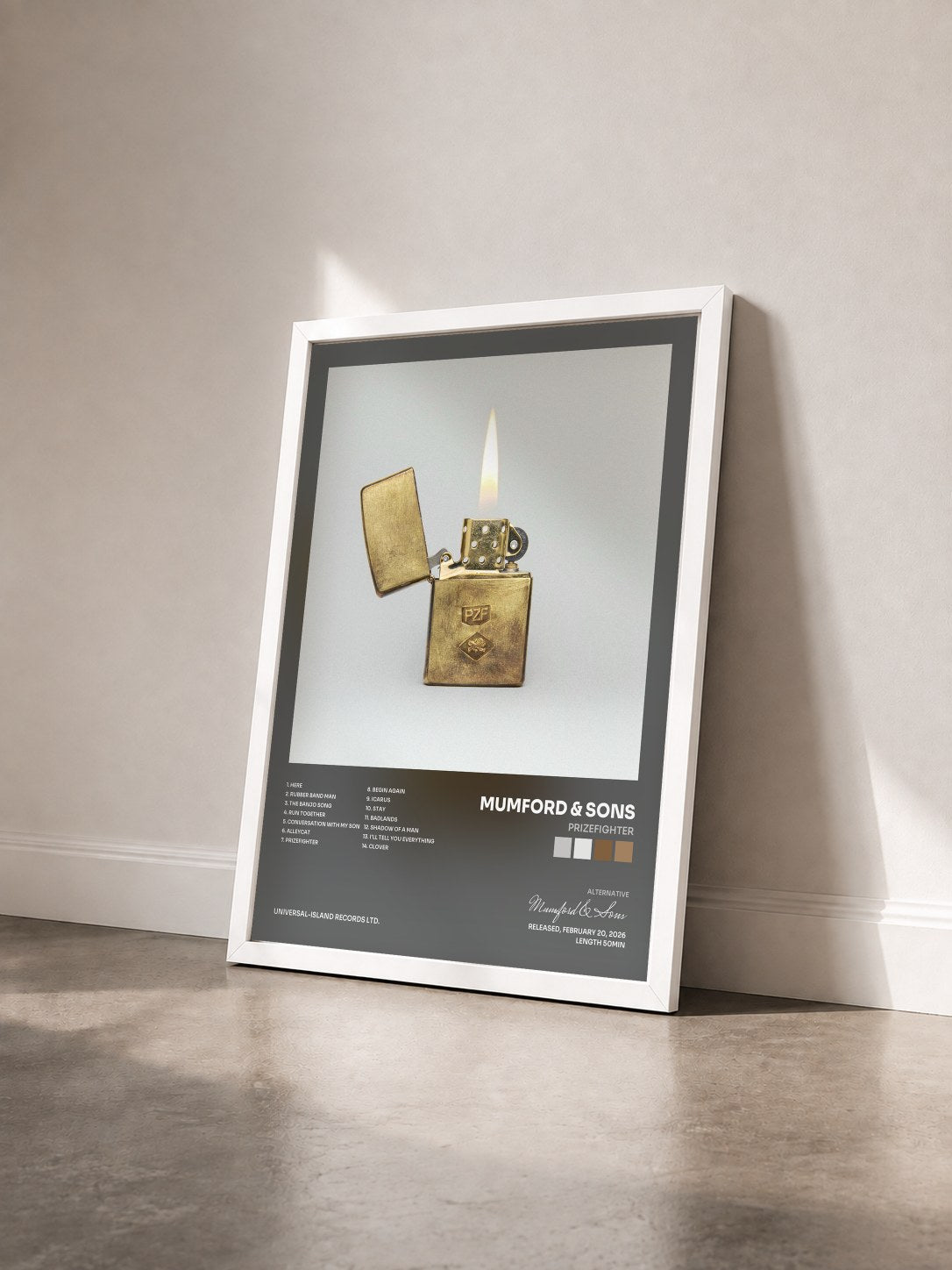 #blanc Tableau de l'album Prizefighter de Mumford & Sons vu de trois quarts, cadre blanc