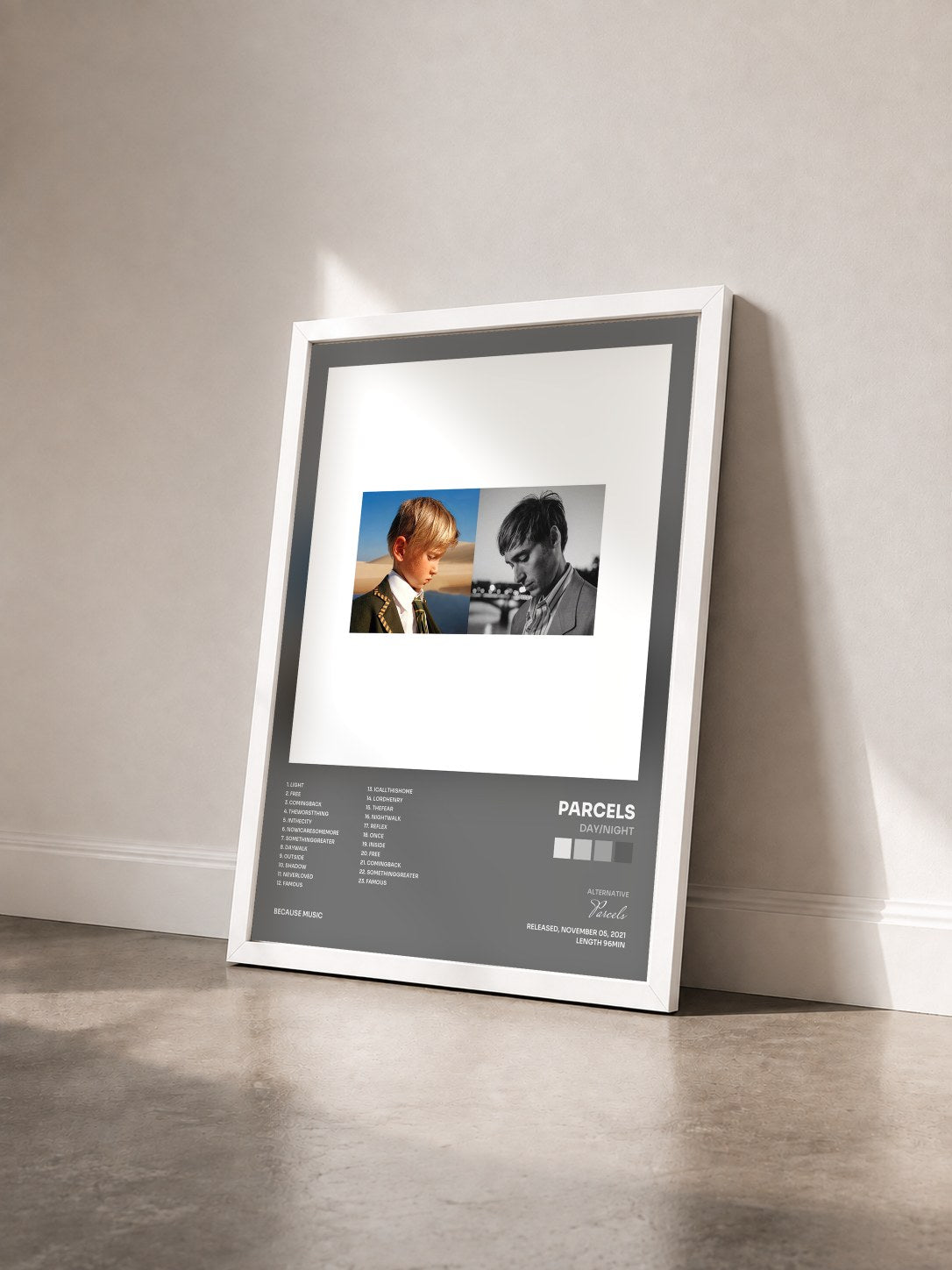 #blanc Tableau de l'album Day/Night de Parcels vu de trois quarts, cadre blanc