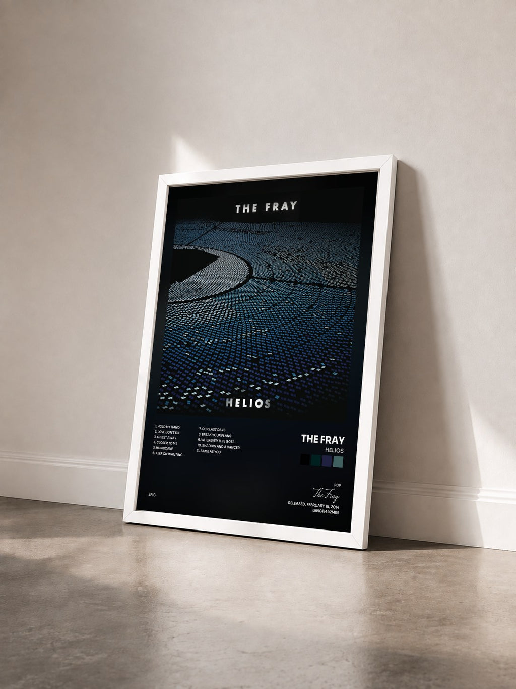 #blanc Tableau de l'album Helios de The Fray vu de trois quarts, cadre blanc