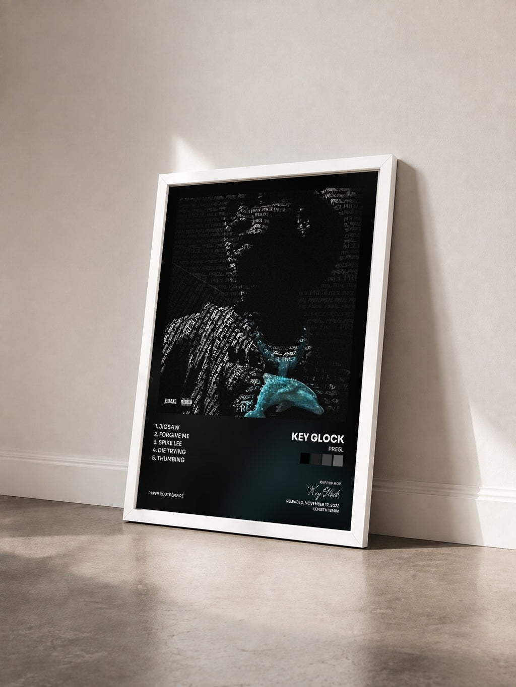 #blanc PRE5L by Key Glock as a framed art print seen at an angle, white frame