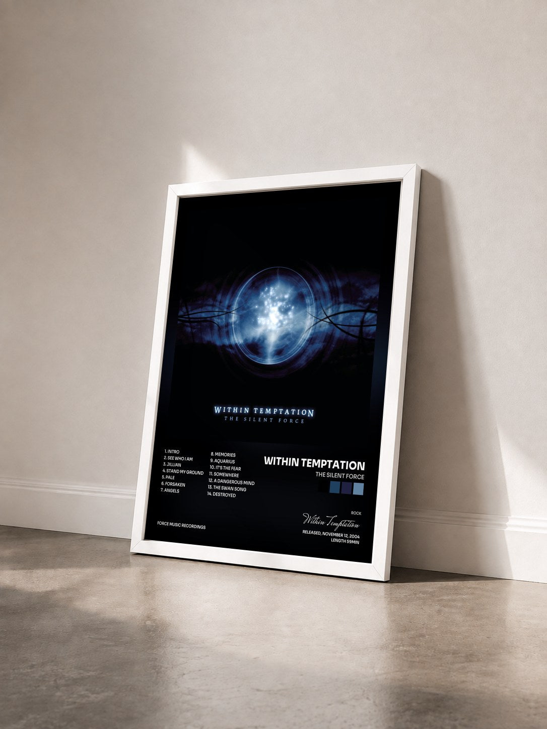 #blanc Tableau de l'album The Silent Force de Within Temptation vu de trois quarts, cadre blanc