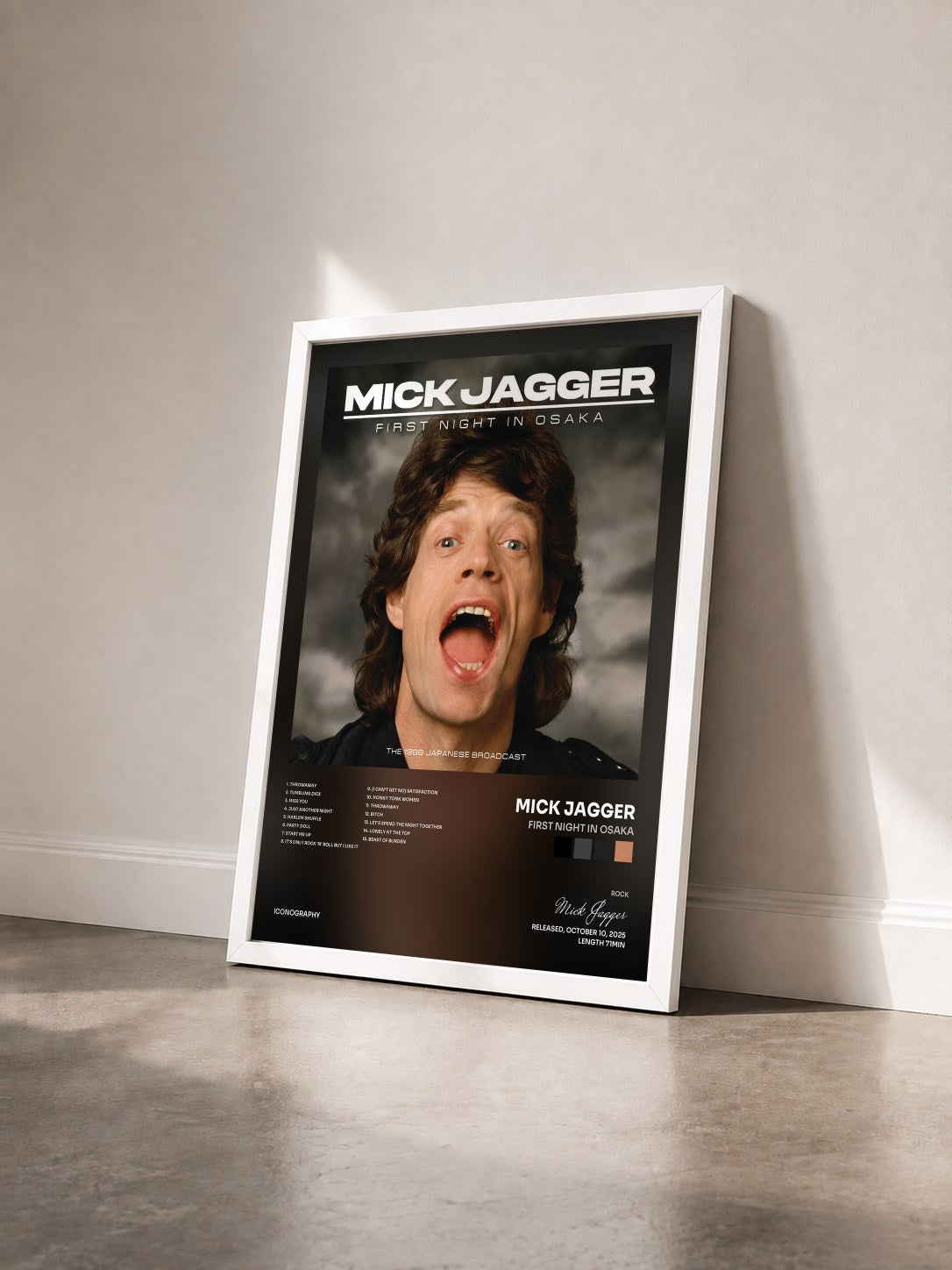 #blanc Tableau de l'album First Night In Osaka de Mick Jagger vu de trois quarts, cadre blanc