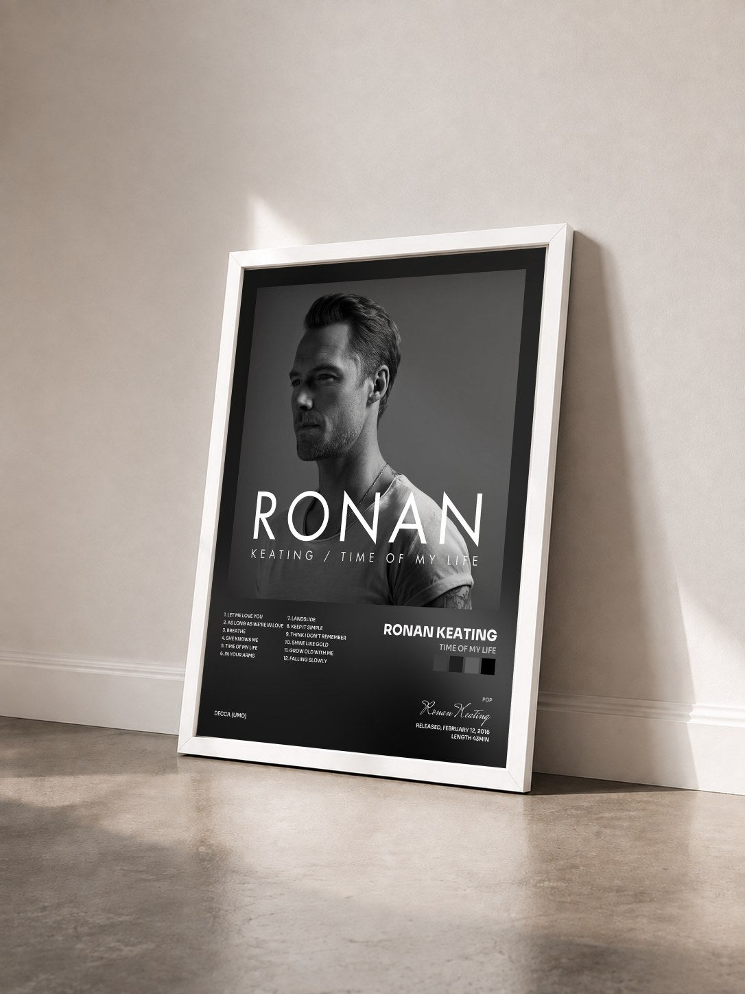 #blanc Tableau de l'album Time Of My Life de Ronan Keating vu de trois quarts, cadre blanc