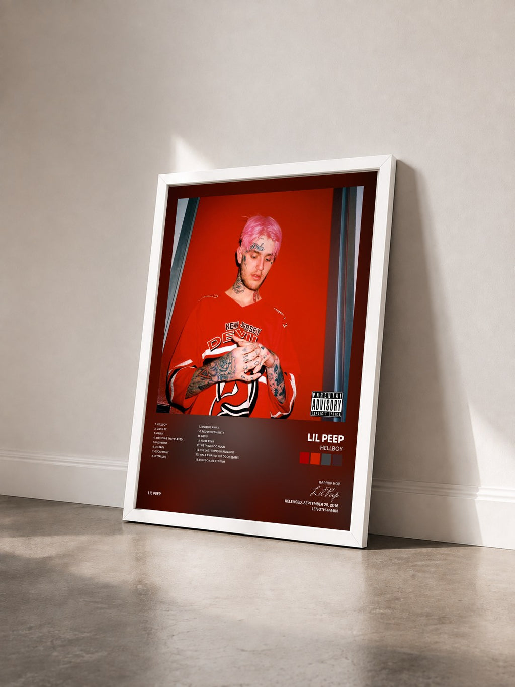 #blanc Tableau de l'album HELLBOY de Lil Peep vu de trois quarts, cadre blanc
