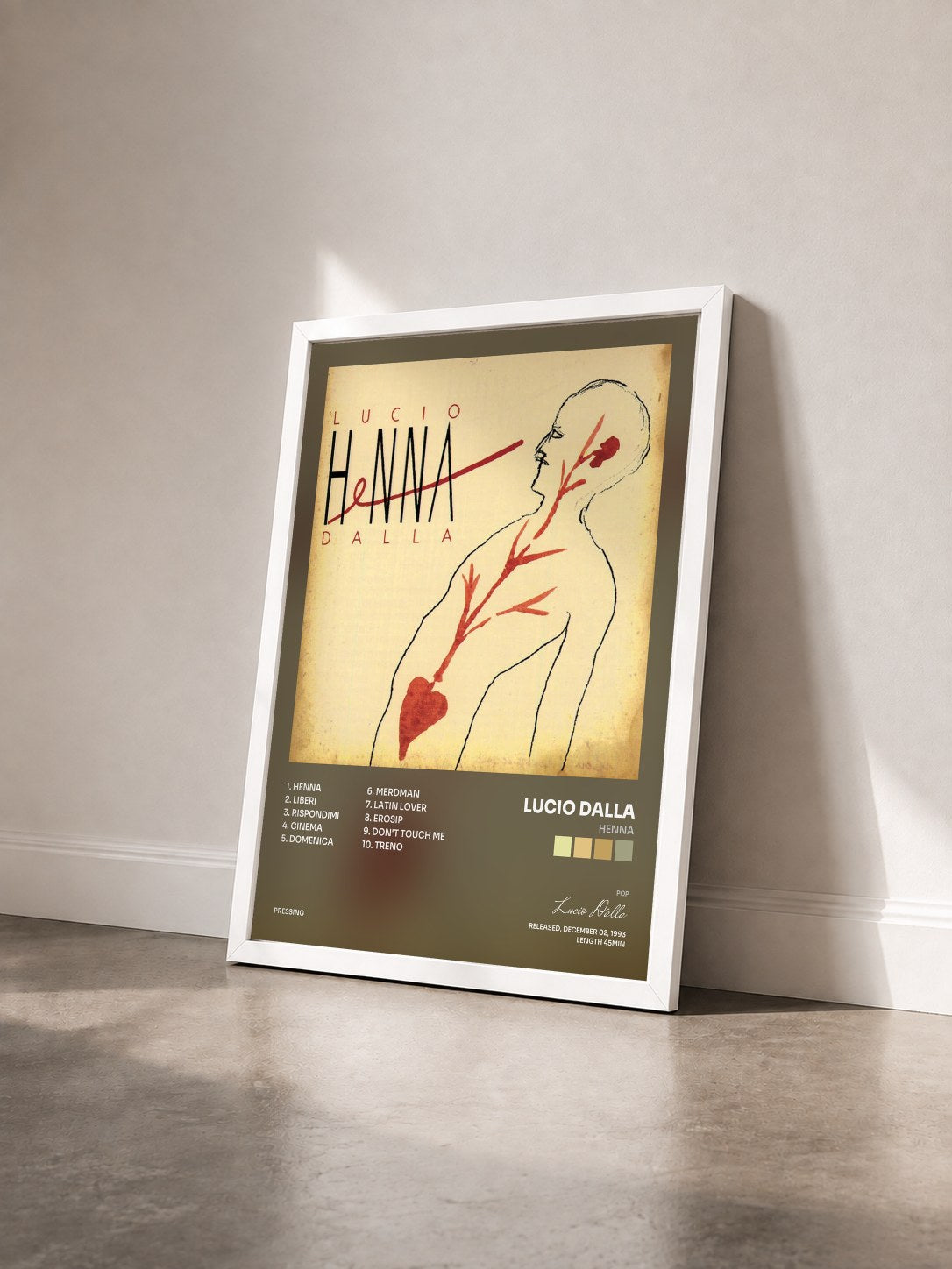 #blanc Tableau de l'album Henna de Lucio Dalla vu de trois quarts, cadre blanc