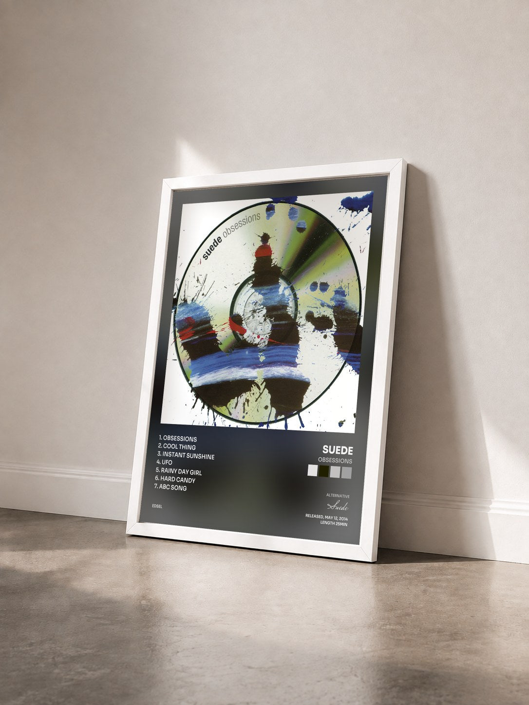 #blanc Tableau de l'album Obsessions de Suede vu de trois quarts, cadre blanc