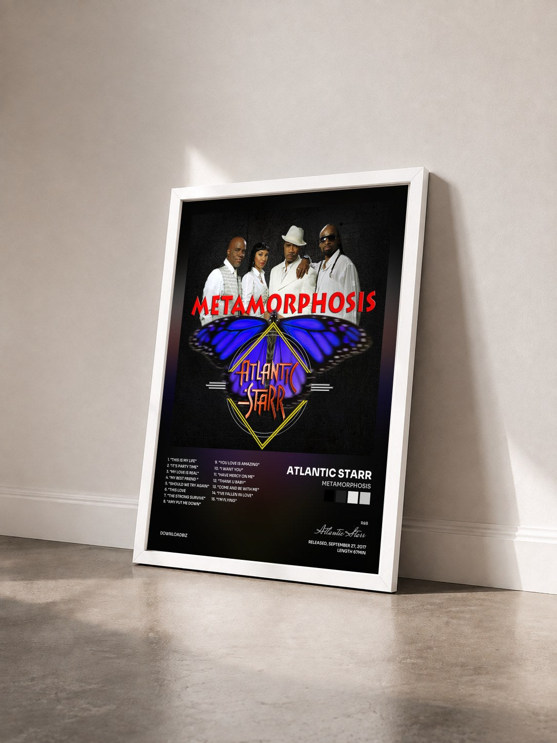 #blanc Tableau de l'album Metamorphosis de Atlantic Starr vu de trois quarts, cadre blanc