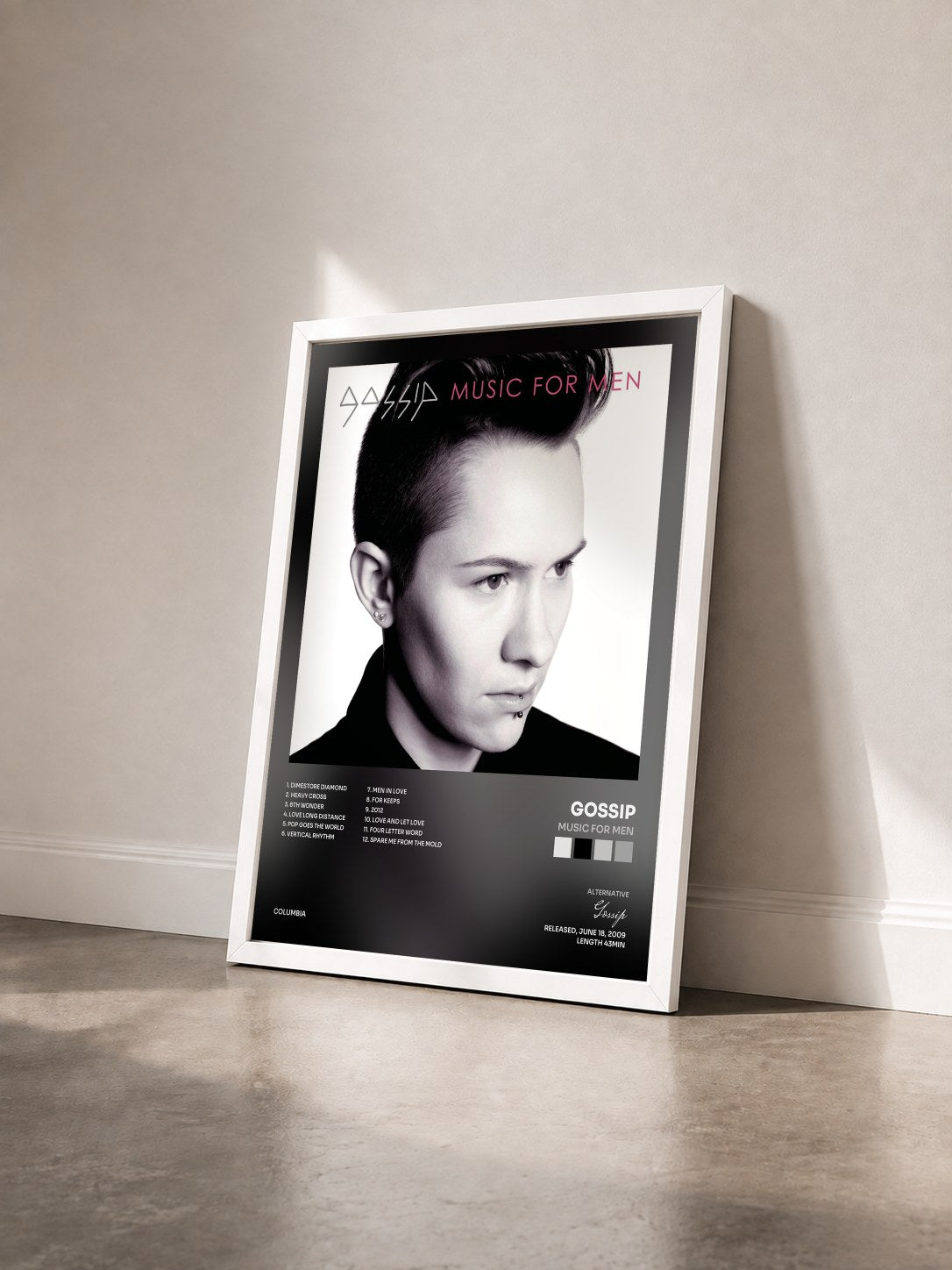 #blanc Tableau de l'album Music For Men de Gossip vu de trois quarts, cadre blanc