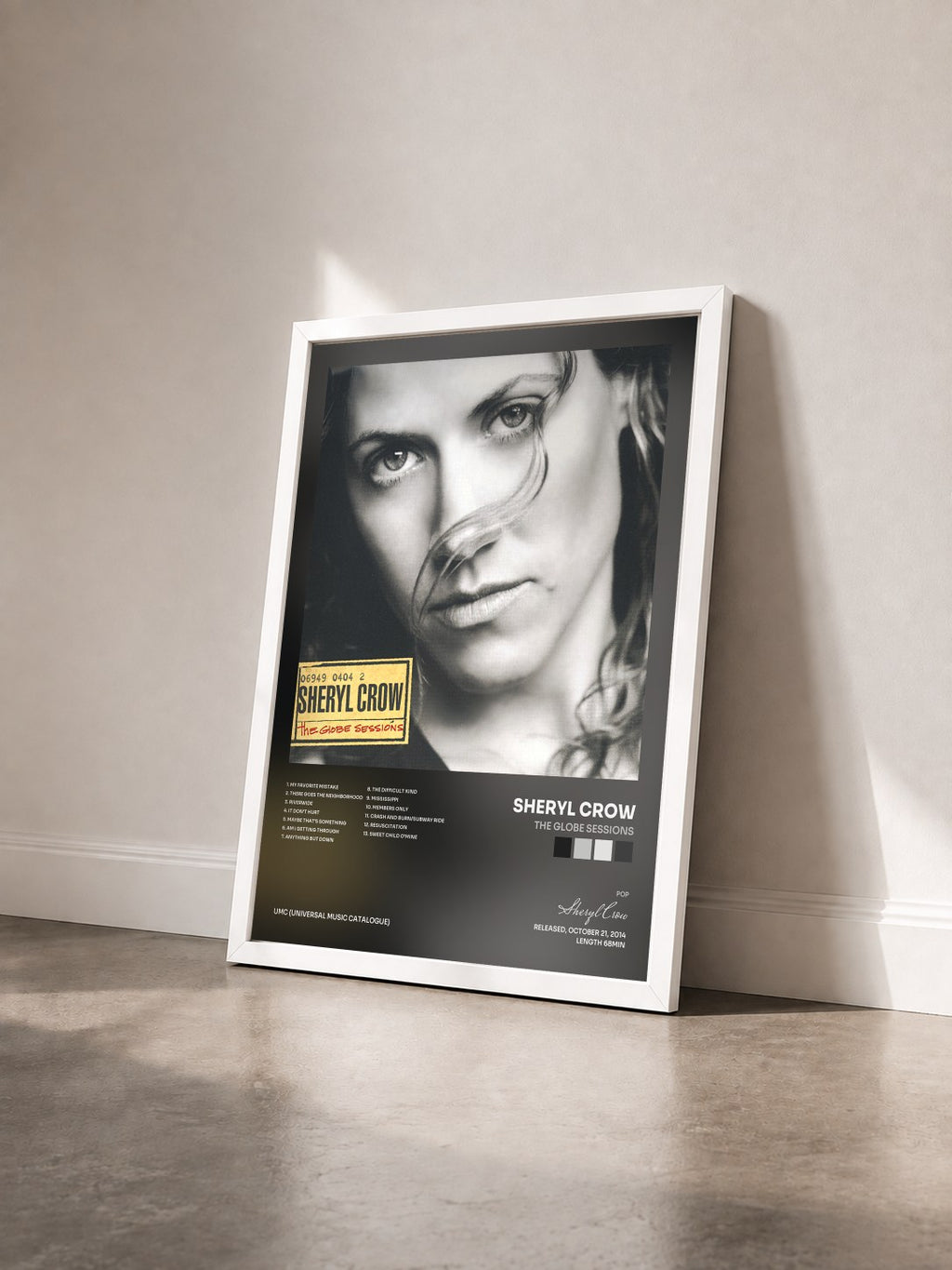 #blanc The Globe Sessions by Sheryl Crow as a framed art print seen at an angle, white frame