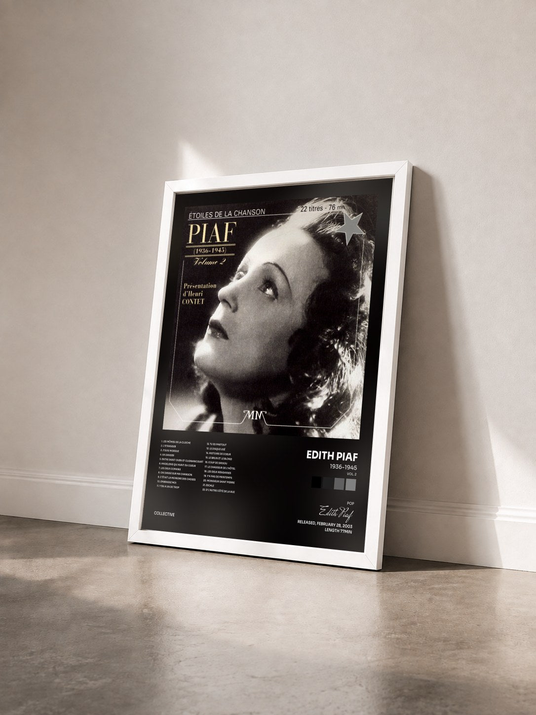 #blanc Tableau de l'album 1936-1945 (Vol. 2) de Edith Piaf vu de trois quarts, cadre blanc