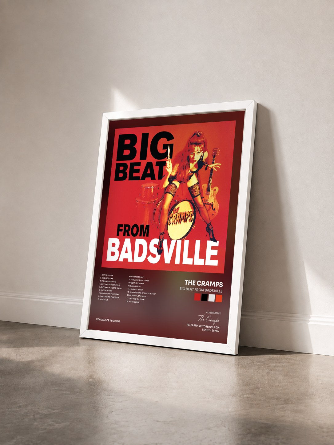 #blanc Tableau de l'album Big Beat from Badsville de The Cramps vu de trois quarts, cadre blanc