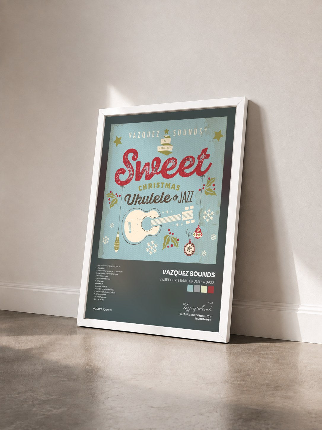 #blanc Tableau de l'album Sweet Christmas Ukulele & Jazz de Vazquez Sounds vu de trois quarts, cadre blanc