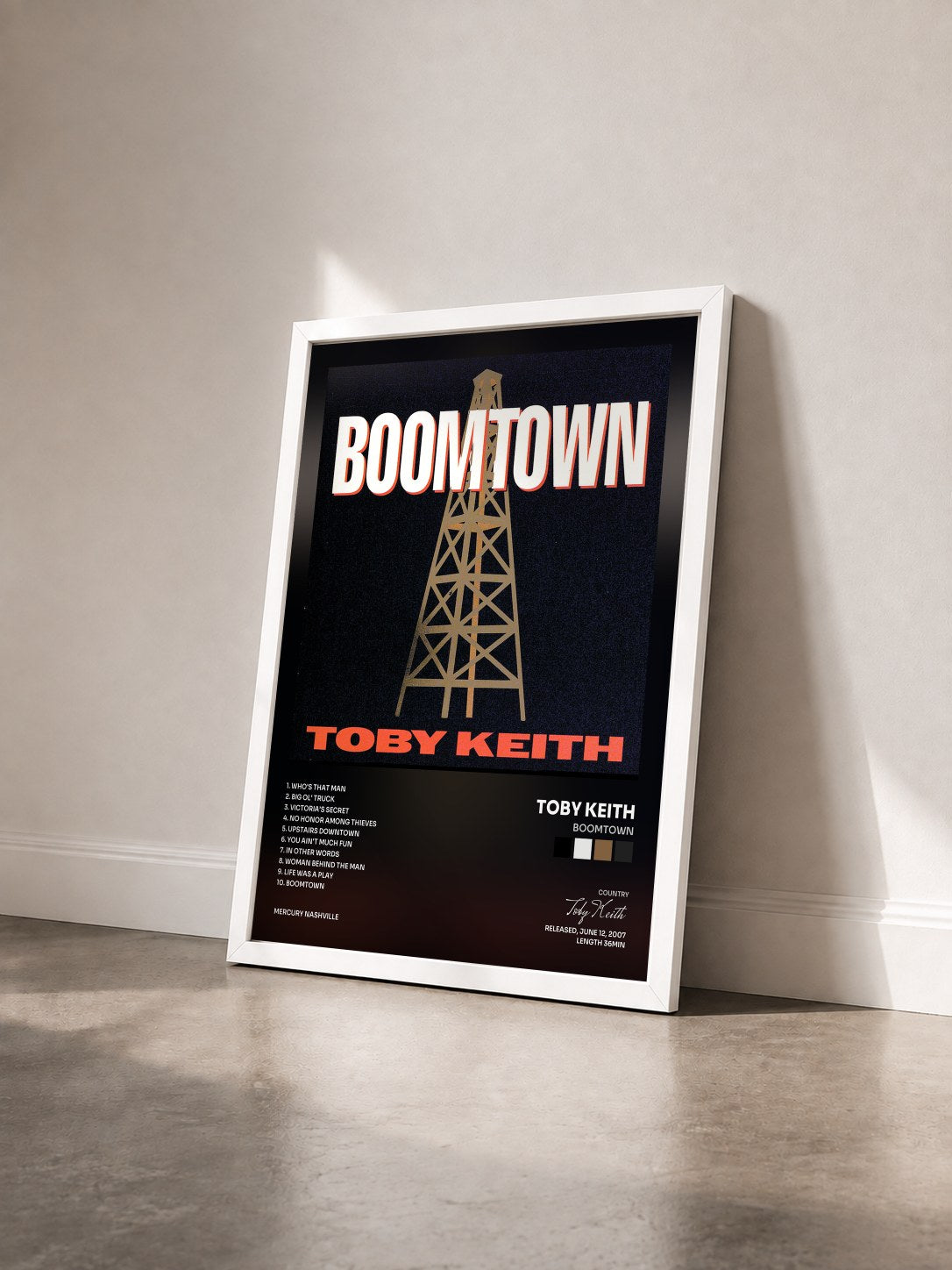 #blanc Tableau de l'album Boomtown de Toby Keith vu de trois quarts, cadre blanc