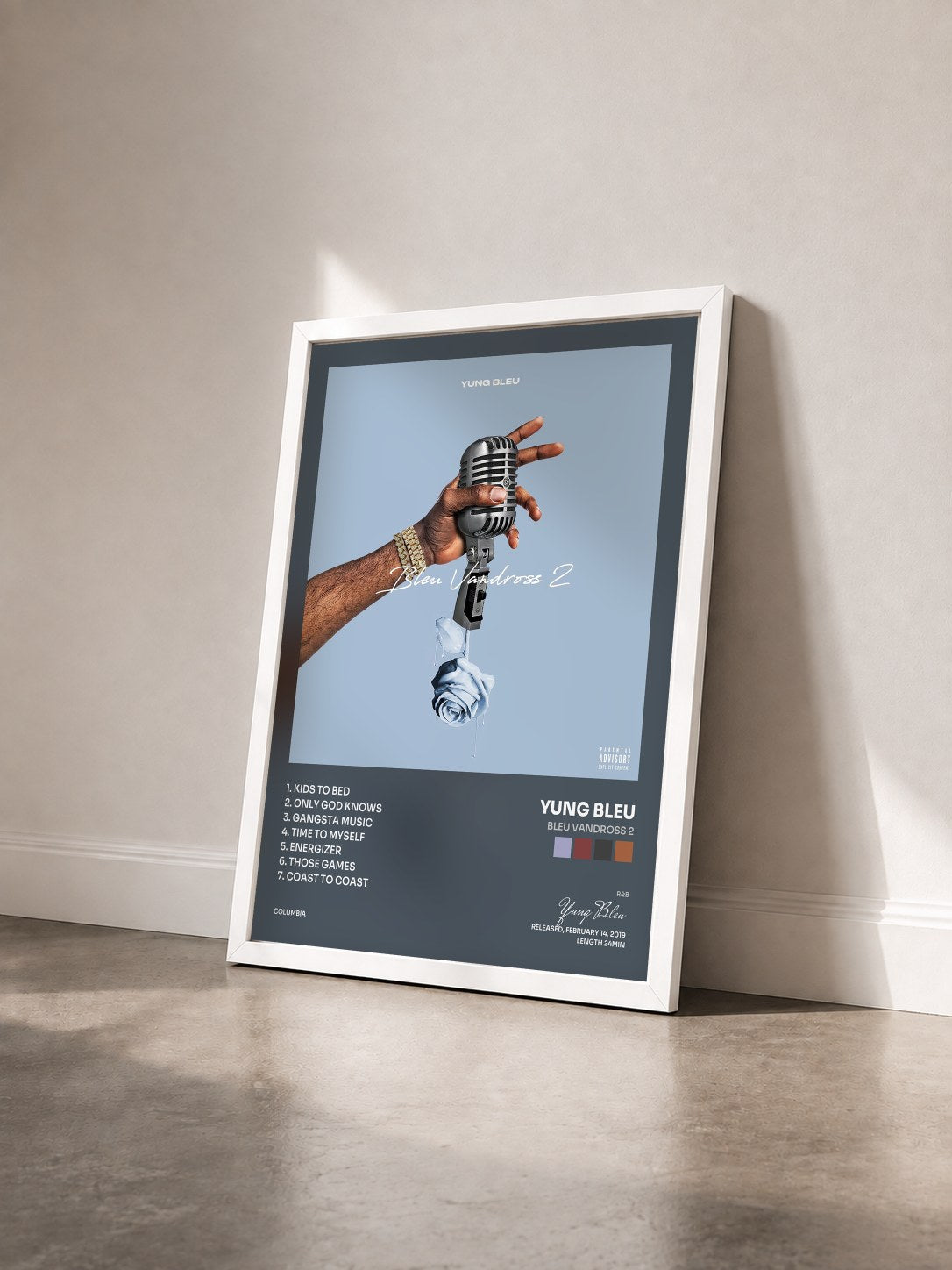 #blanc Tableau de l'album Bleu Vandross 2 de Yung Bleu vu de trois quarts, cadre blanc