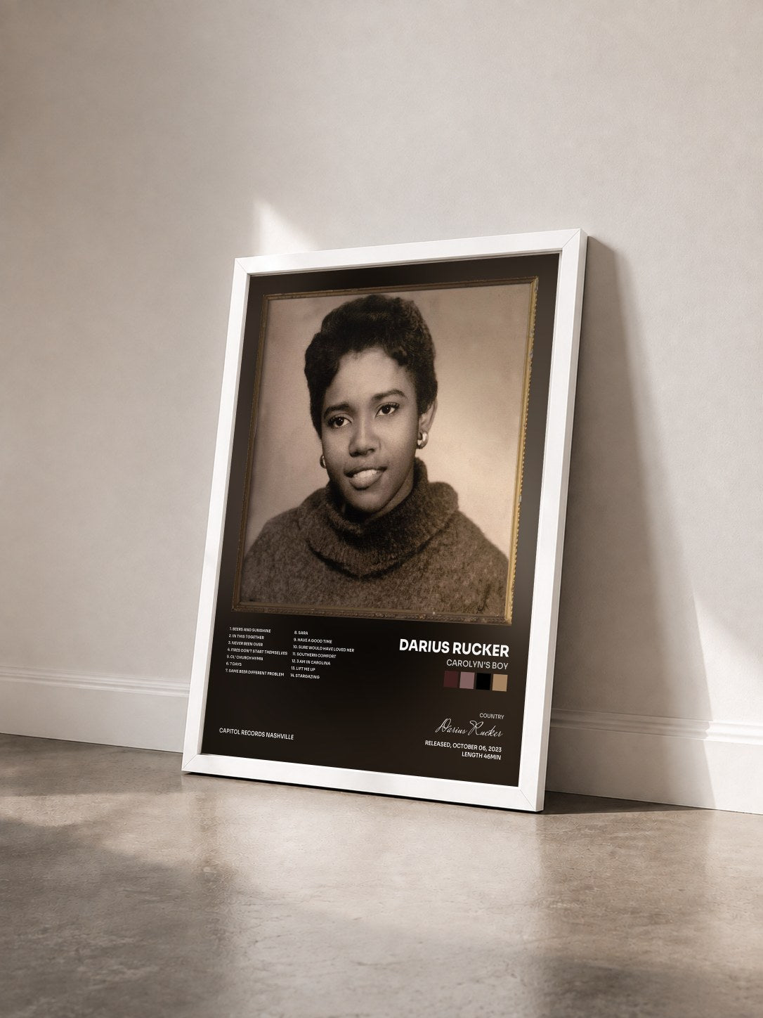 #blanc Tableau de l'album Carolyn's Boy de Darius Rucker vu de trois quarts, cadre blanc