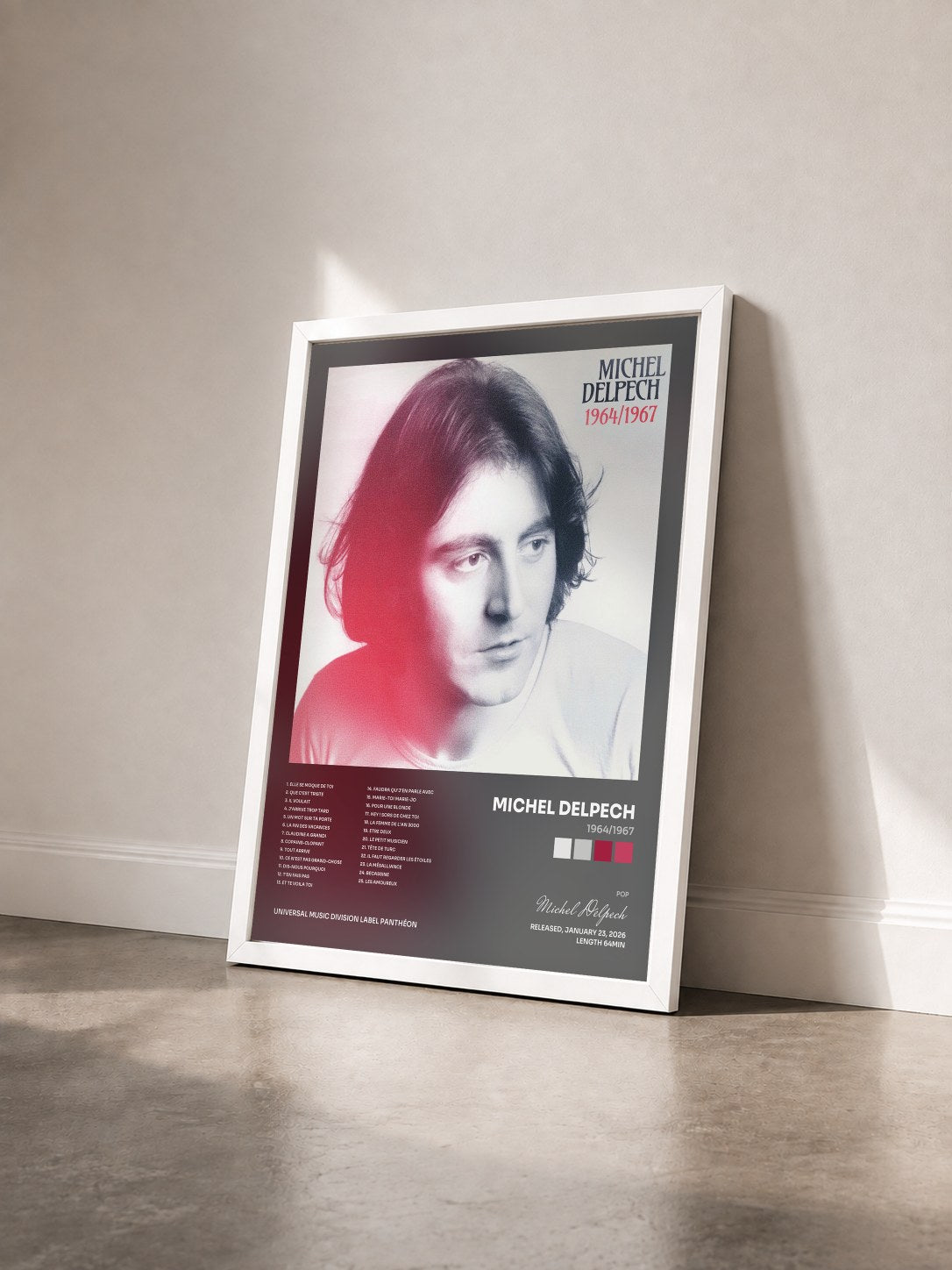 #blanc Tableau de l'album 1964/1967 de Michel Delpech vu de trois quarts, cadre blanc