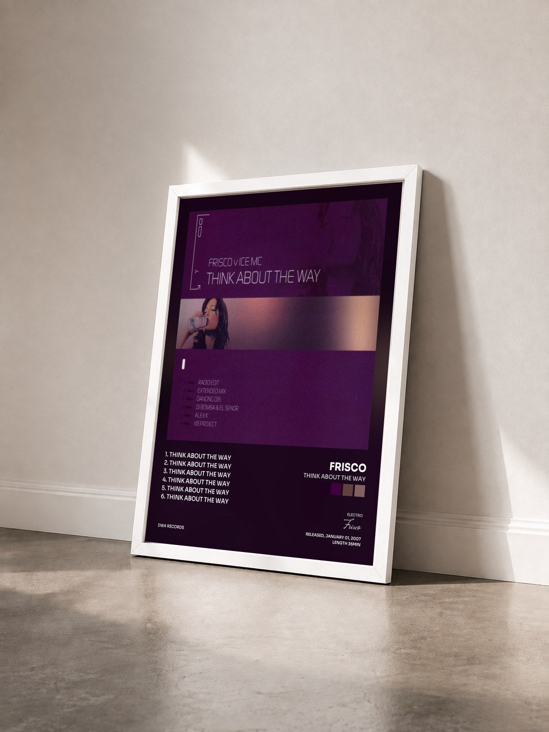 #blanc Tableau de l'album Think About the Way de Frisco vu de trois quarts, cadre blanc