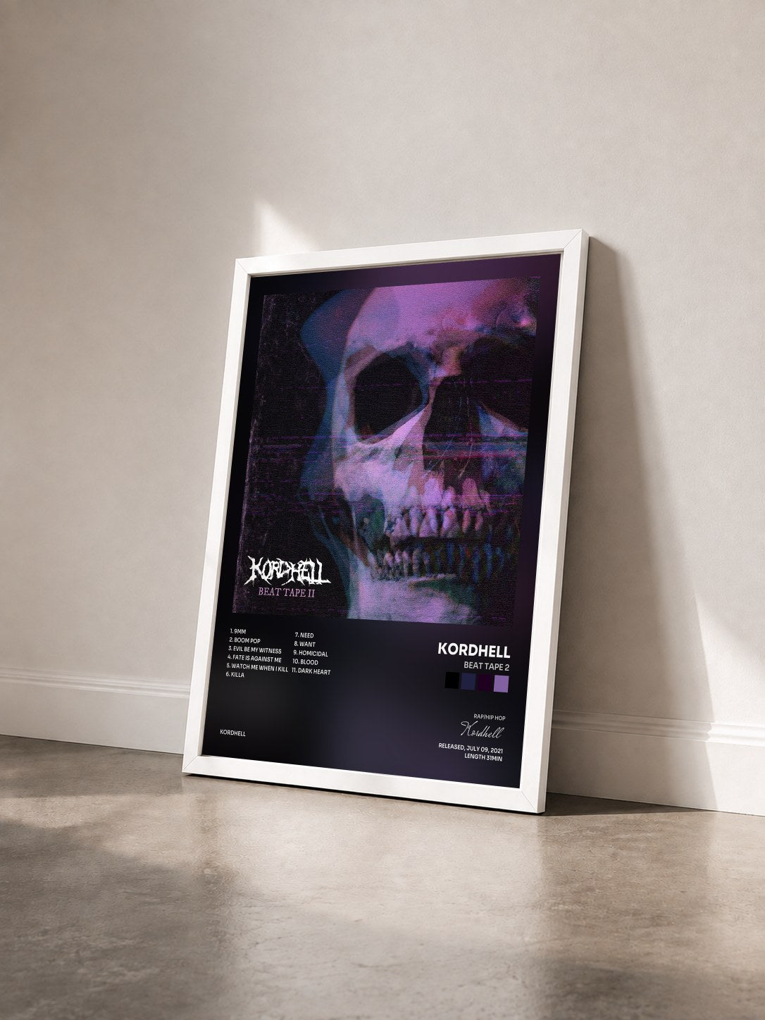 #blanc Tableau de l'album Beat Tape 2 de Kordhell vu de trois quarts, cadre blanc