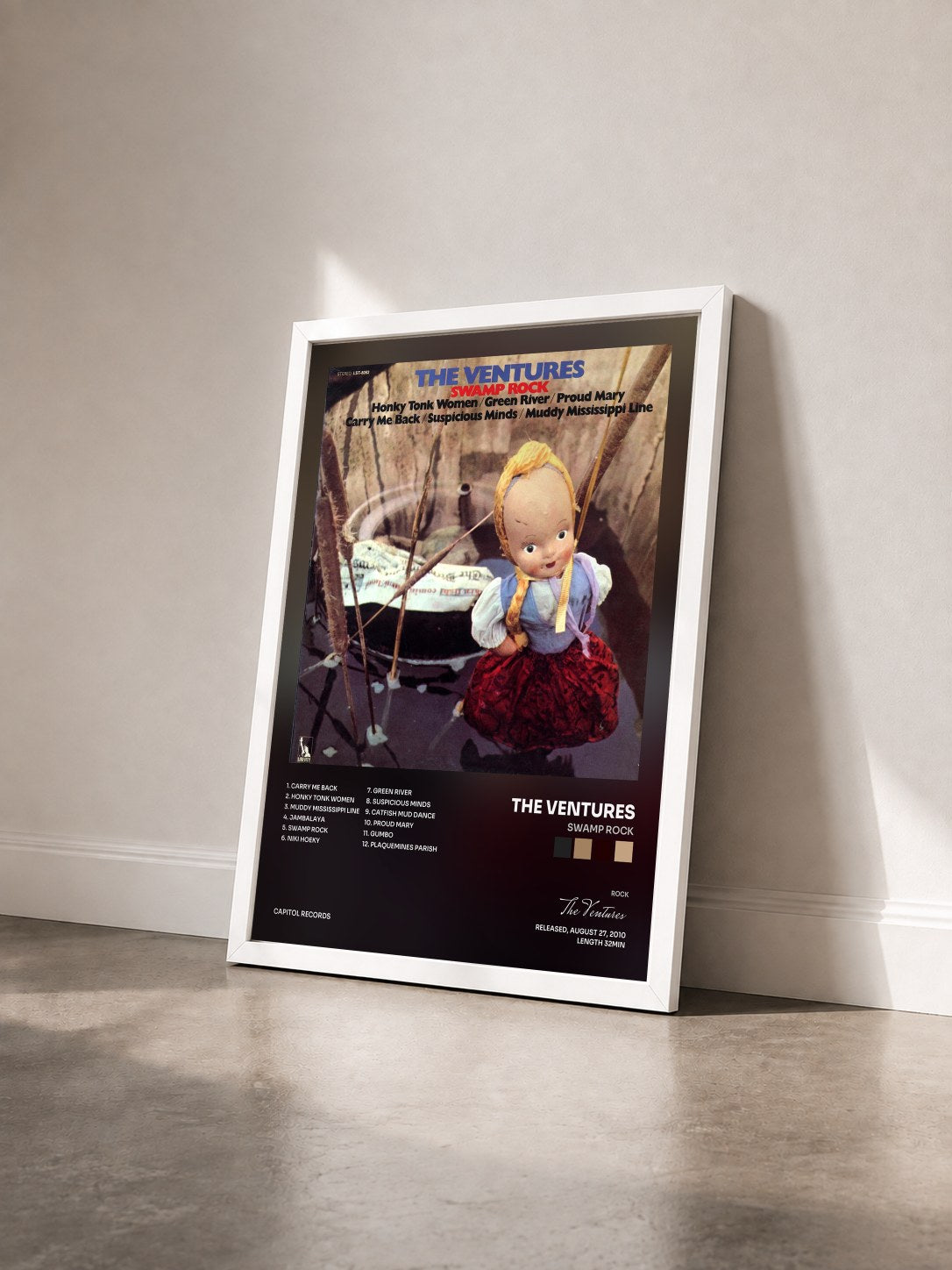 #blanc Tableau de l'album Swamp Rock de The Ventures vu de trois quarts, cadre blanc
