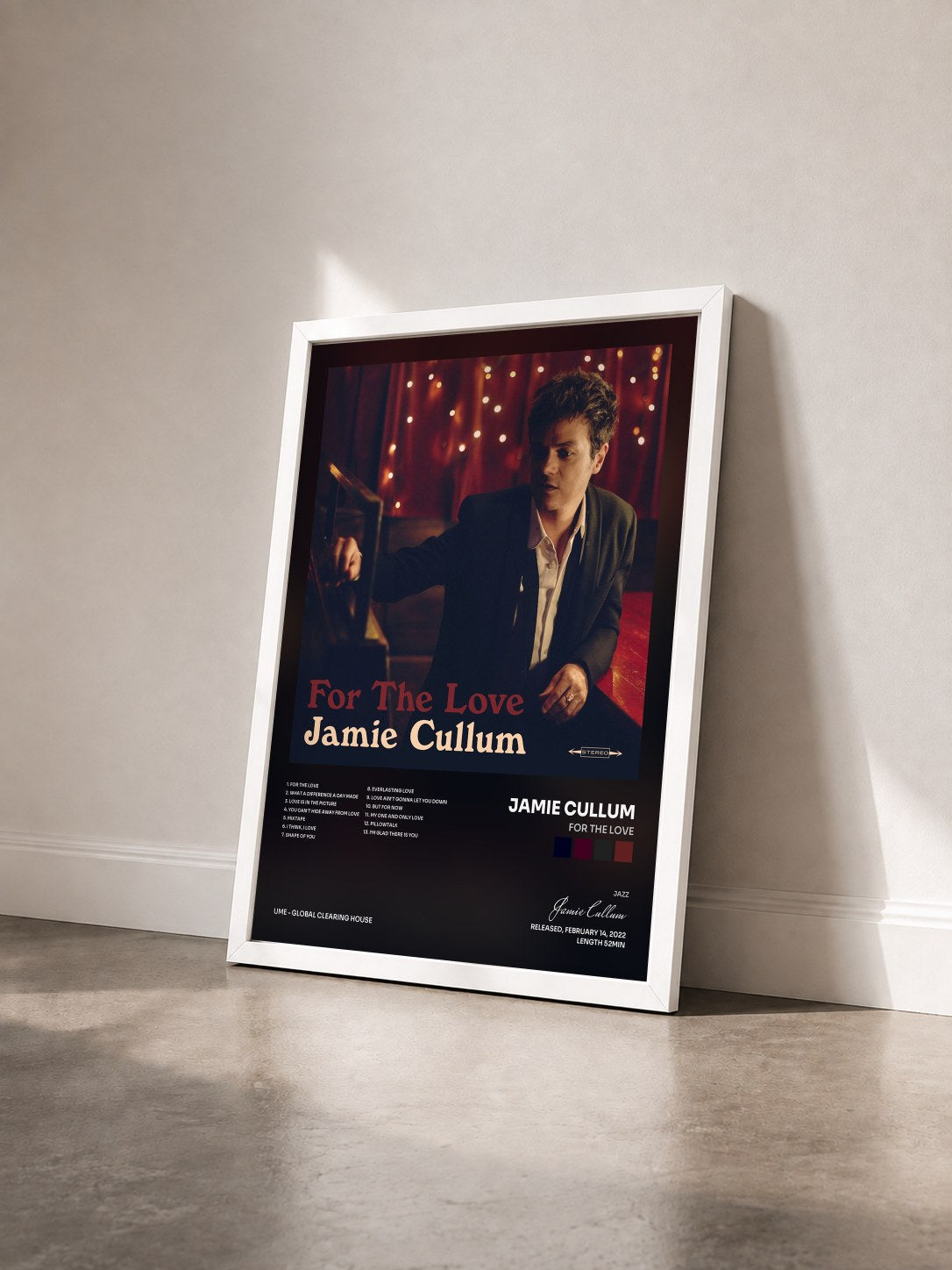 #blanc Tableau de l'album For The Love de Jamie Cullum vu de trois quarts, cadre blanc