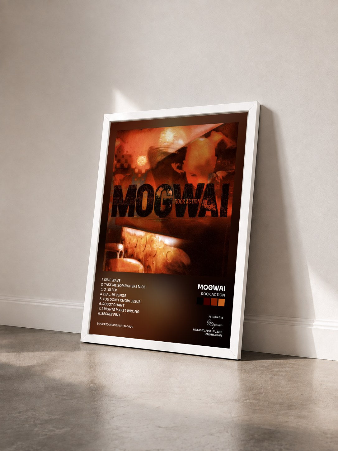 #blanc Tableau de l'album Rock Action de Mogwai vu de trois quarts, cadre blanc