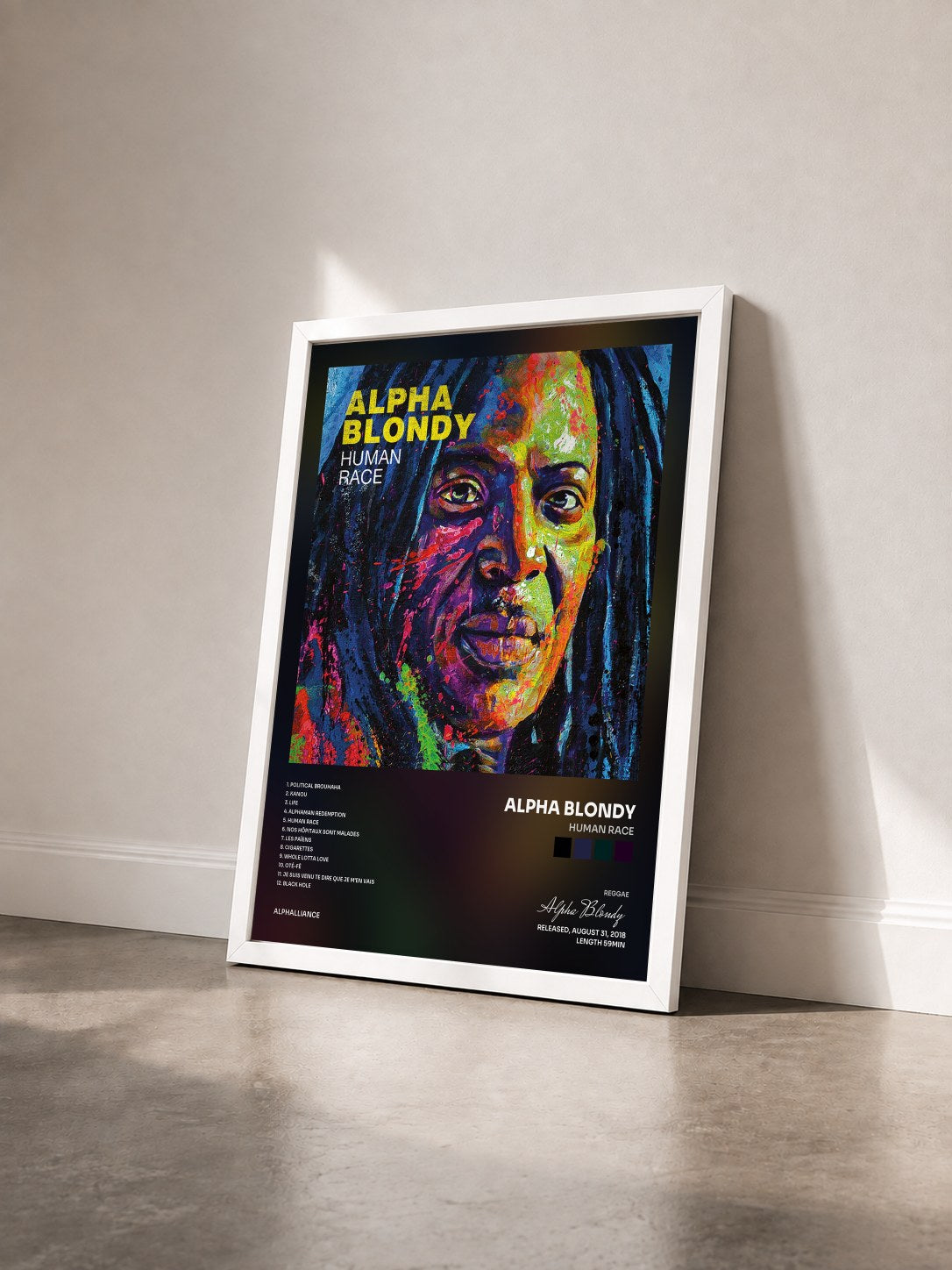 #blanc Tableau de l'album Human Race de Alpha Blondy vu de trois quarts, cadre blanc