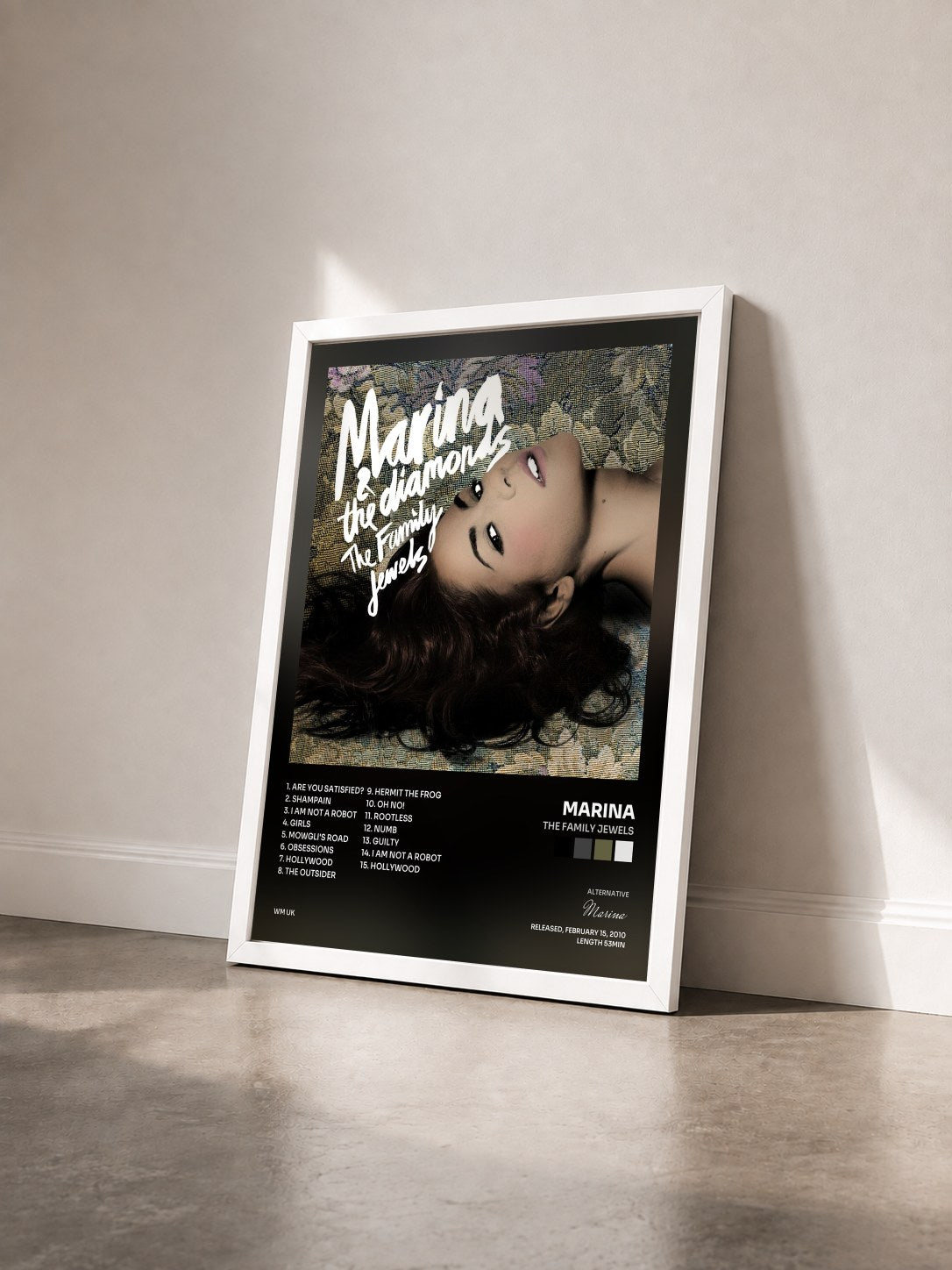 #blanc Tableau de l'album The Family Jewels de Marina vu de trois quarts, cadre blanc