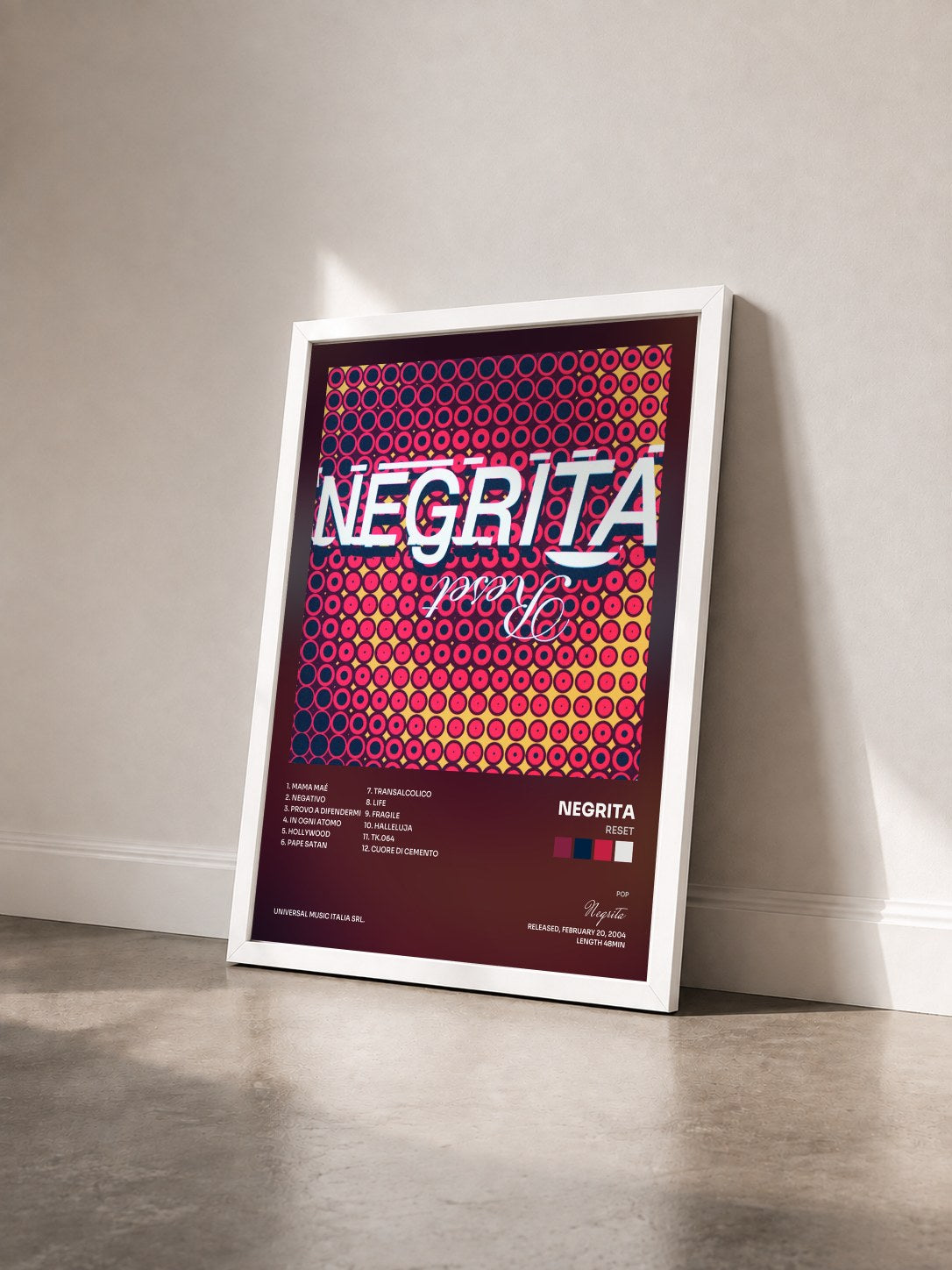 #blanc Tableau de l'album Reset de Negrita vu de trois quarts, cadre blanc