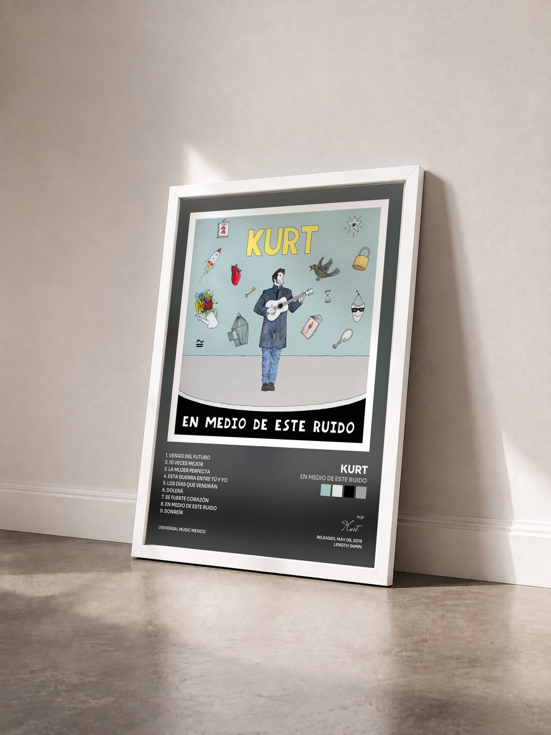 #blanc Tableau de l'album En Medio De Este Ruido de Kurt vu de trois quarts, cadre blanc