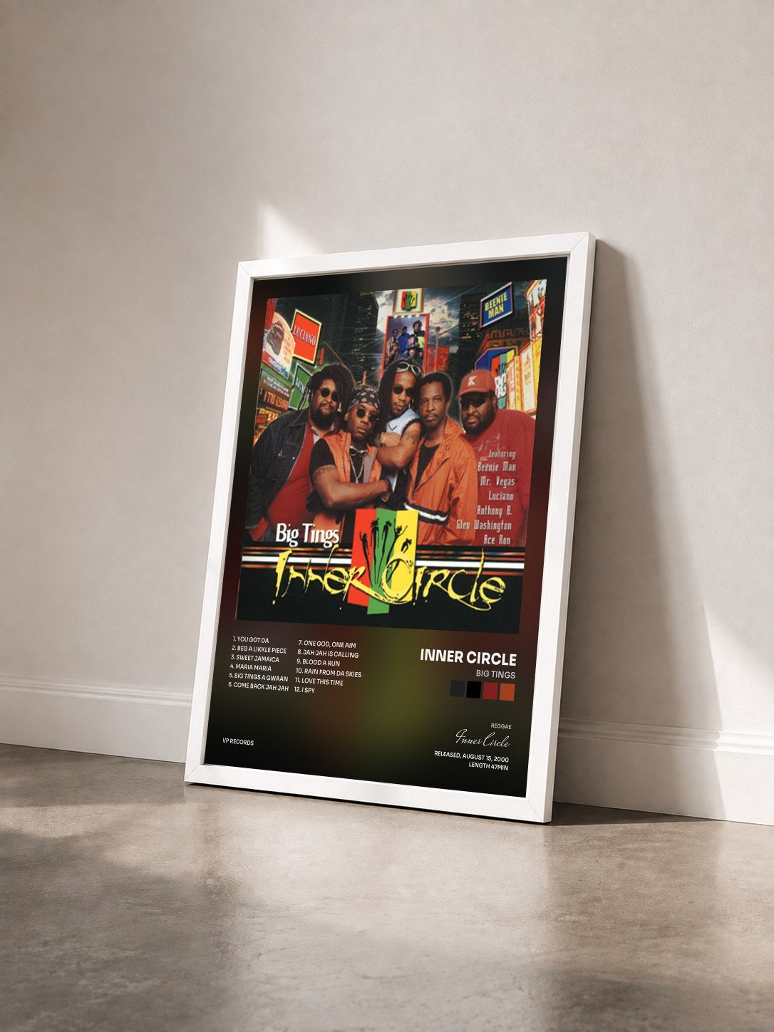 #blanc Tableau de l'album Big Tings de Inner Circle vu de trois quarts, cadre blanc