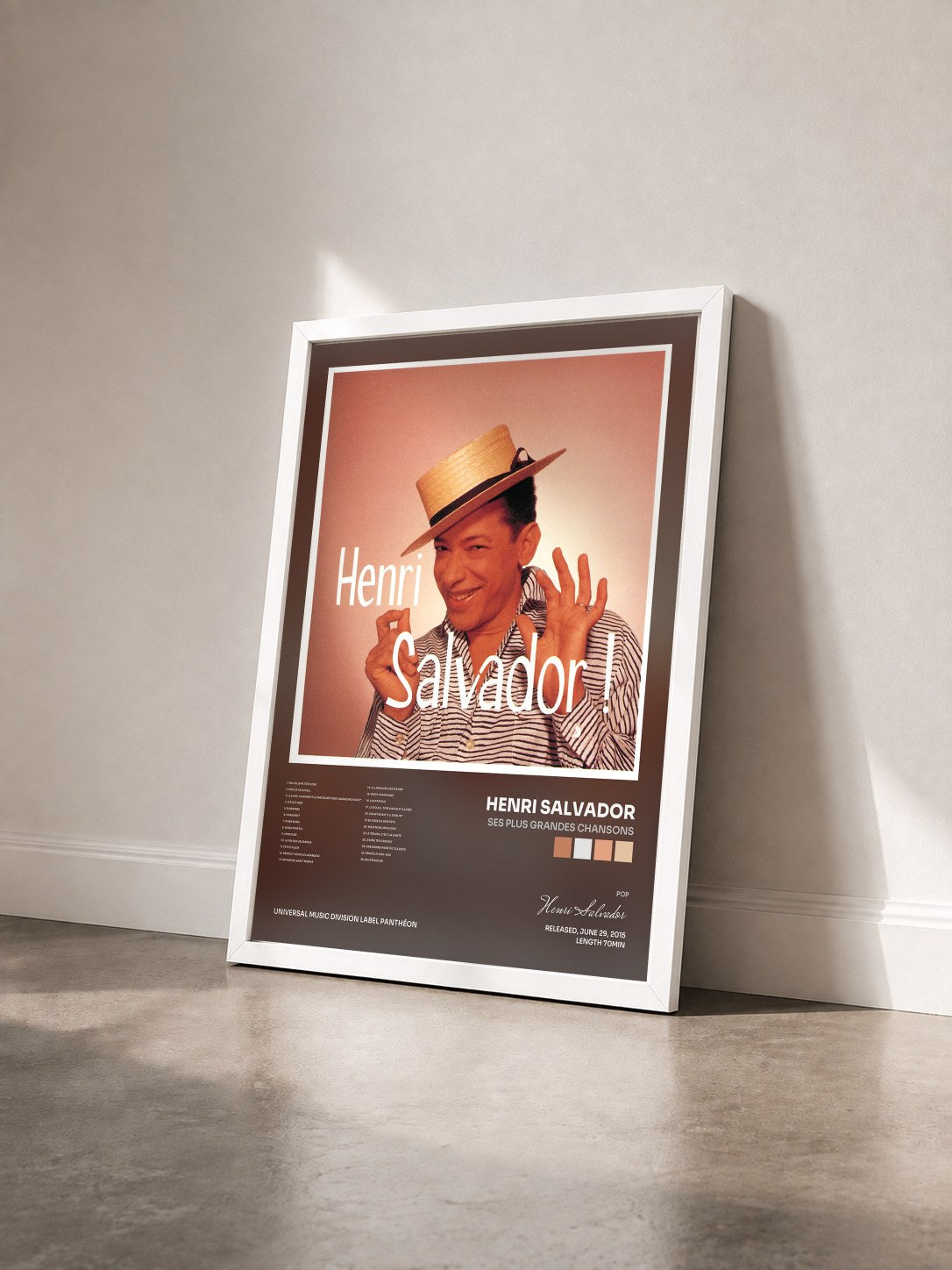 #blanc Tableau de l'album Ses plus grandes chansons de Henri Salvador vu de trois quarts, cadre blanc