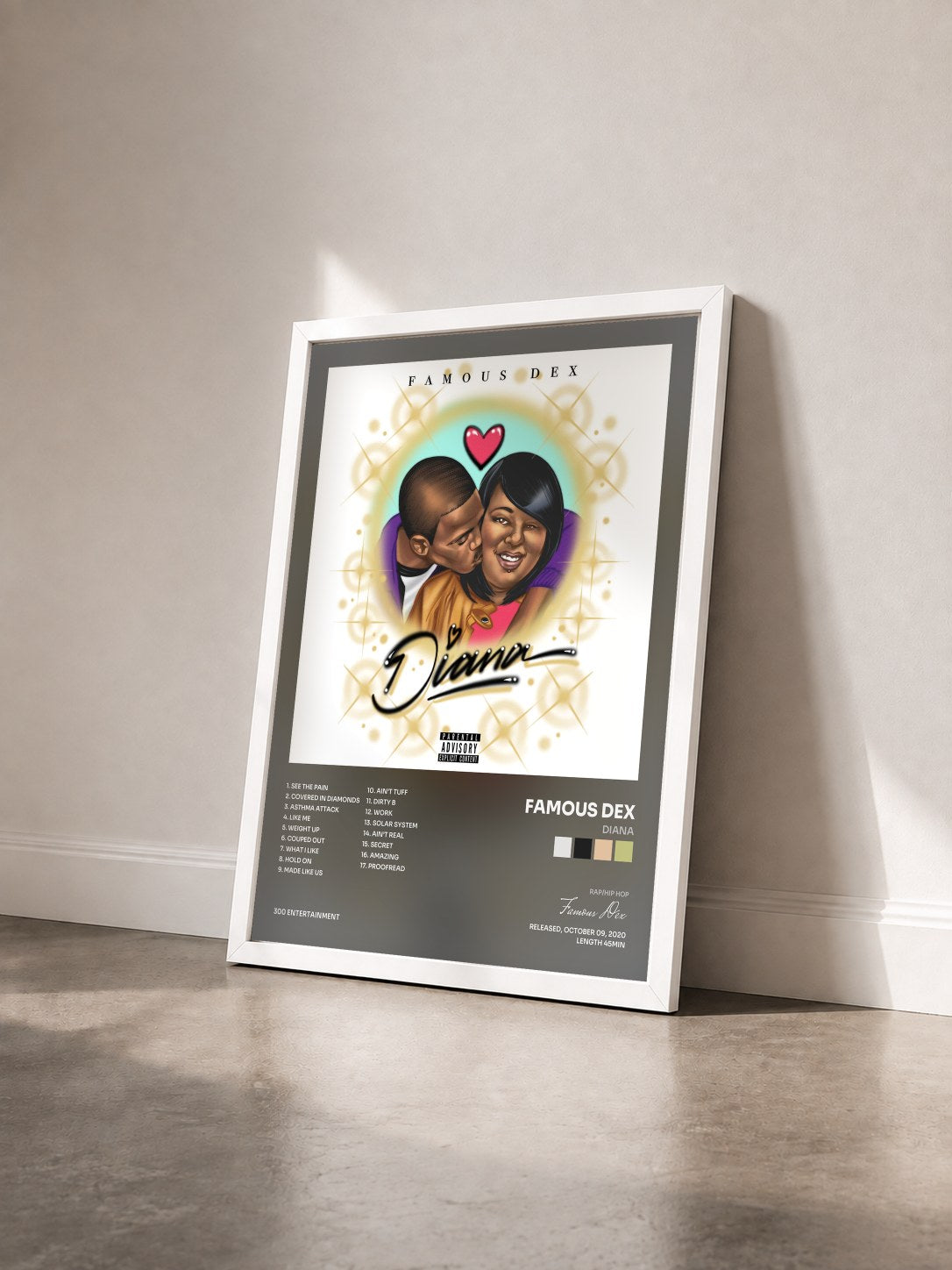 #blanc Tableau de l'album Diana de Famous Dex vu de trois quarts, cadre blanc