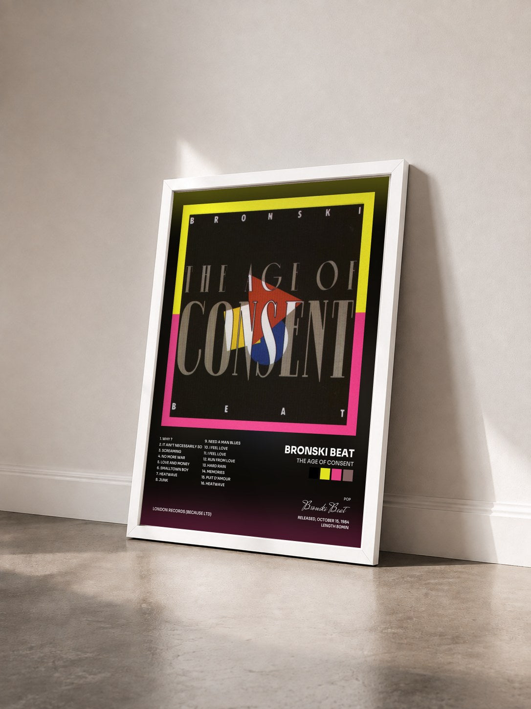 #blanc Tableau de l'album The Age of Consent de Bronski Beat vu de trois quarts, cadre blanc