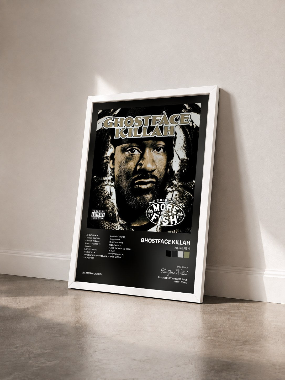 #blanc Tableau de l'album More Fish de Ghostface Killah vu de trois quarts, cadre blanc